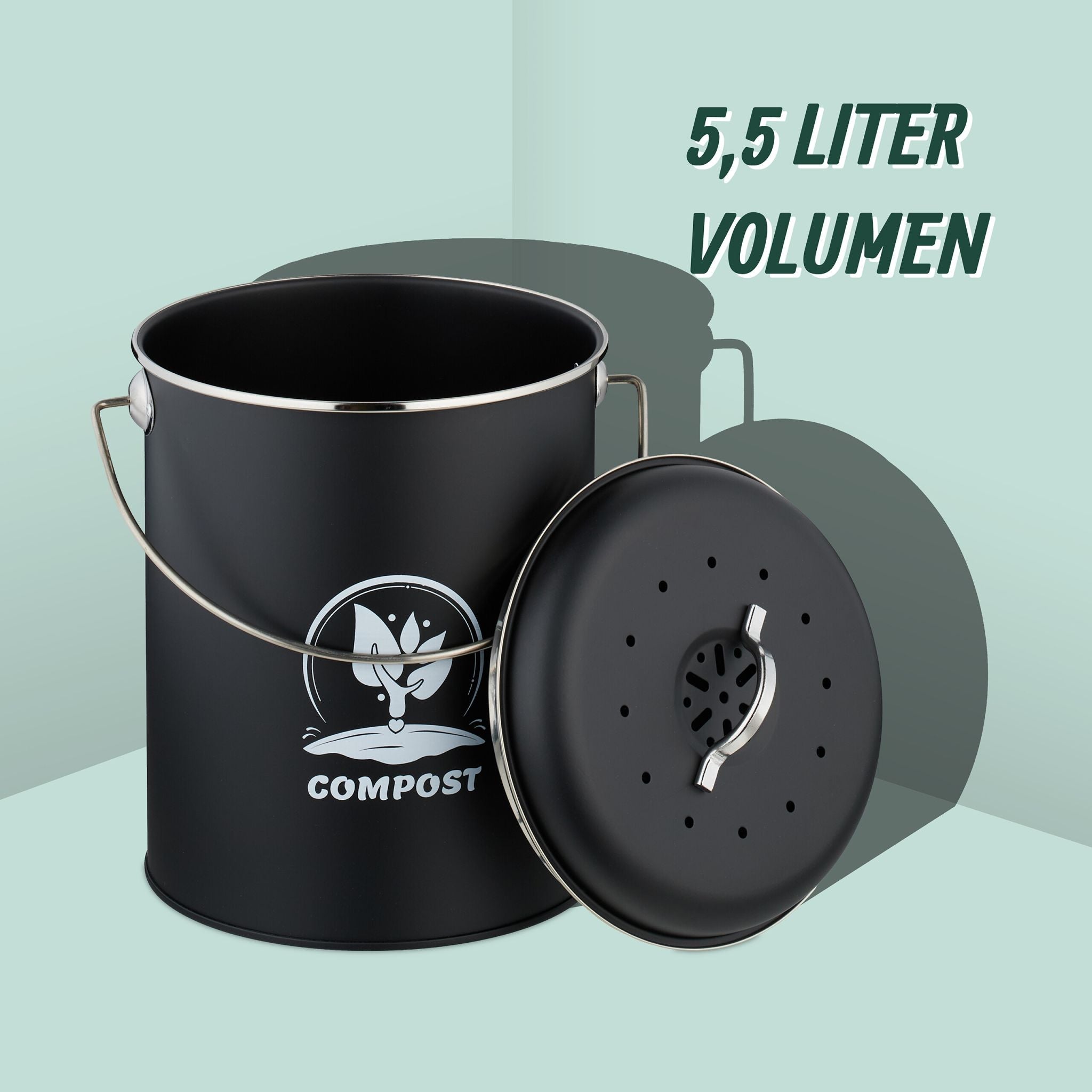 Komposteimer mit Geruchsfilter 5,5L Weiss-Schwarz-Silber
