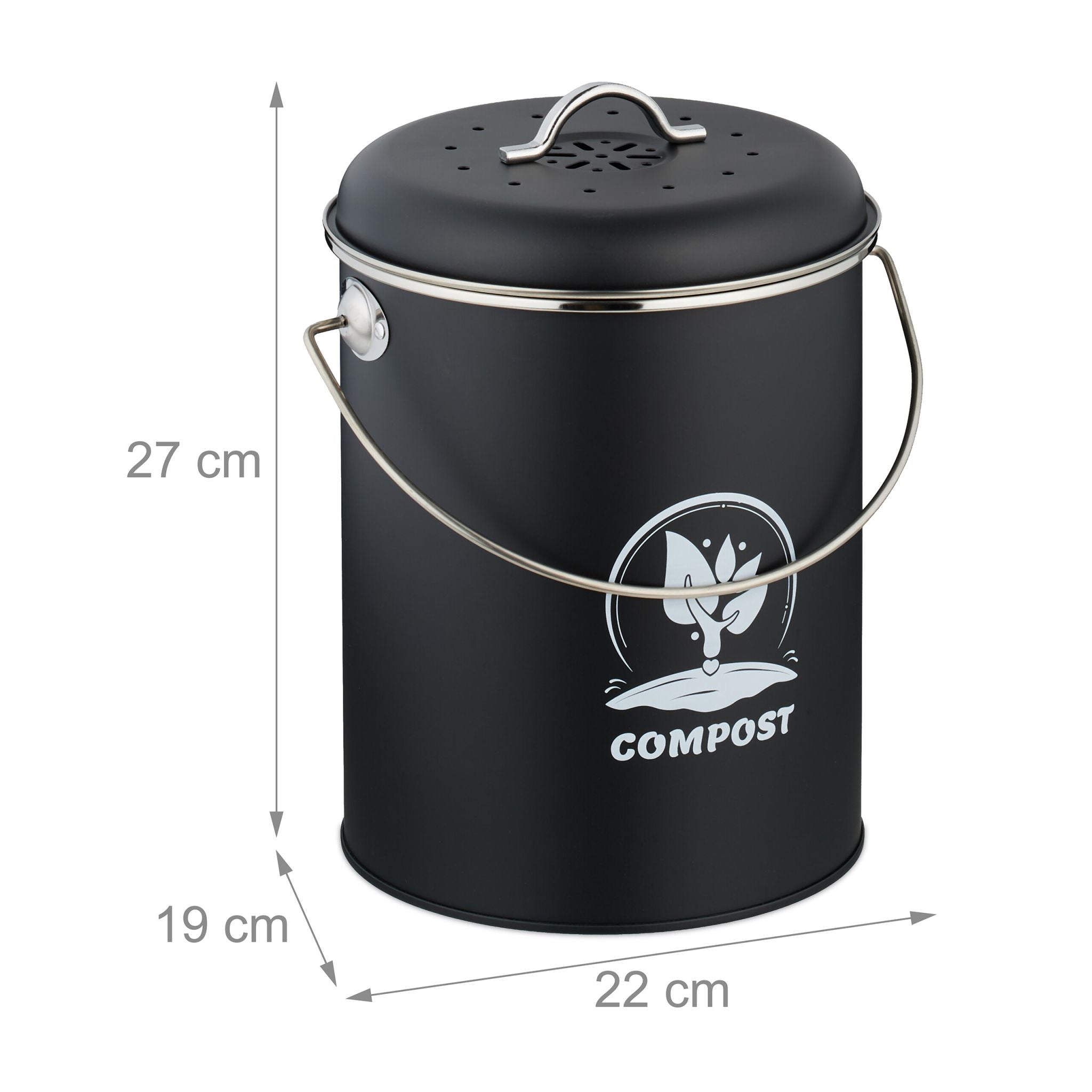 Komposteimer mit Geruchsfilter 5,5L Weiss-Schwarz-Silber