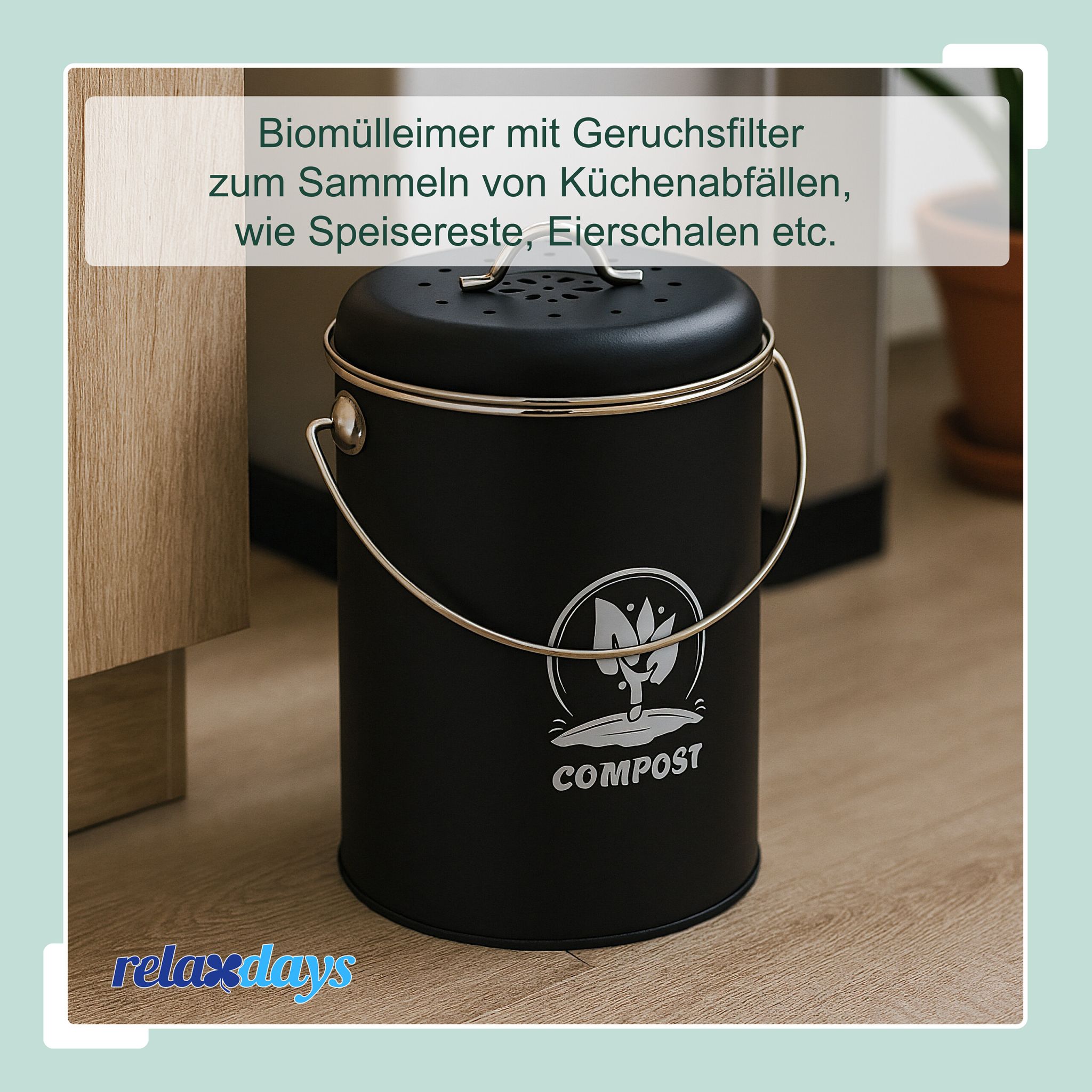Komposteimer mit Geruchsfilter 5,5L Weiss-Schwarz-Silber