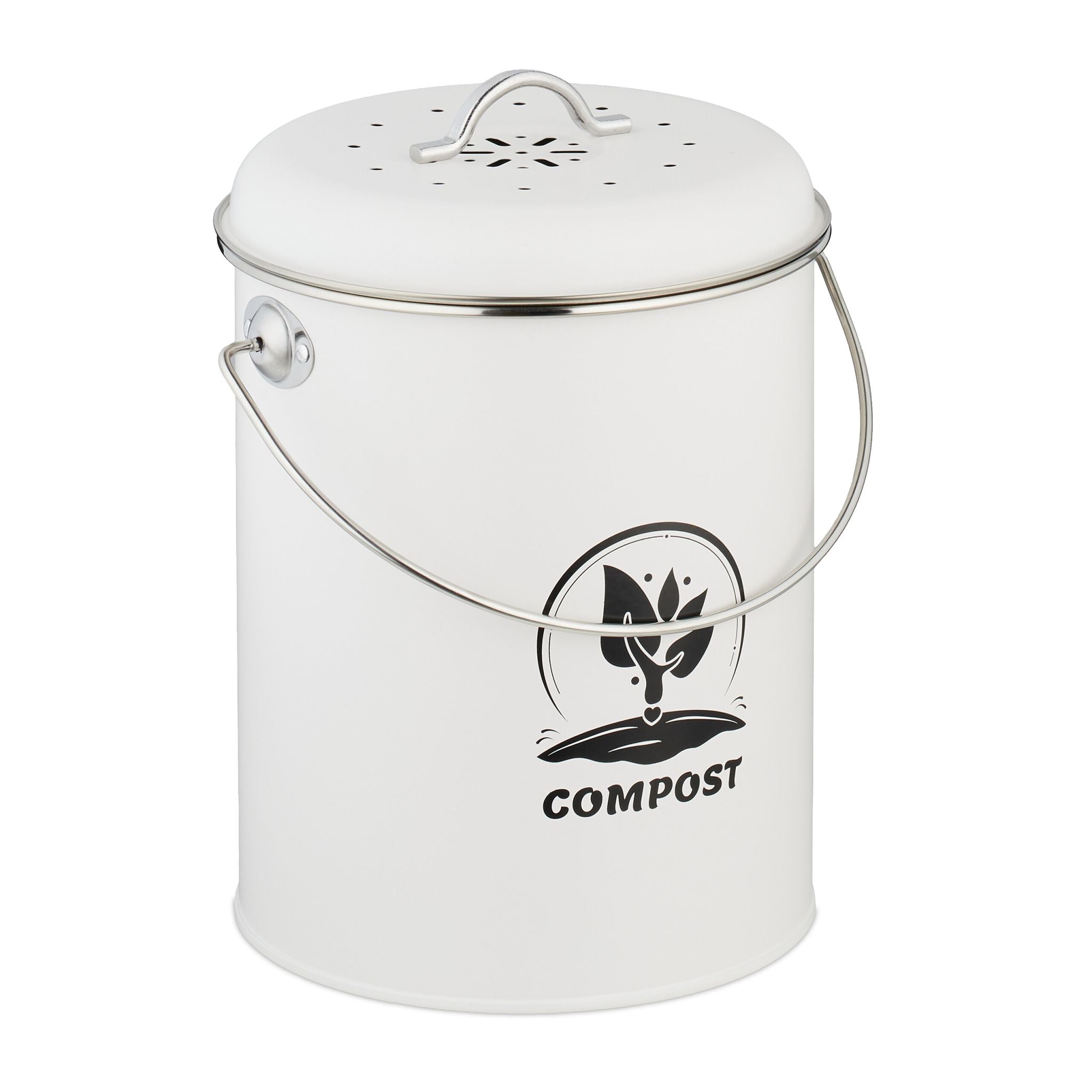 Komposteimer mit Geruchsfilter 5,5L Weiss-Schwarz-Silber
