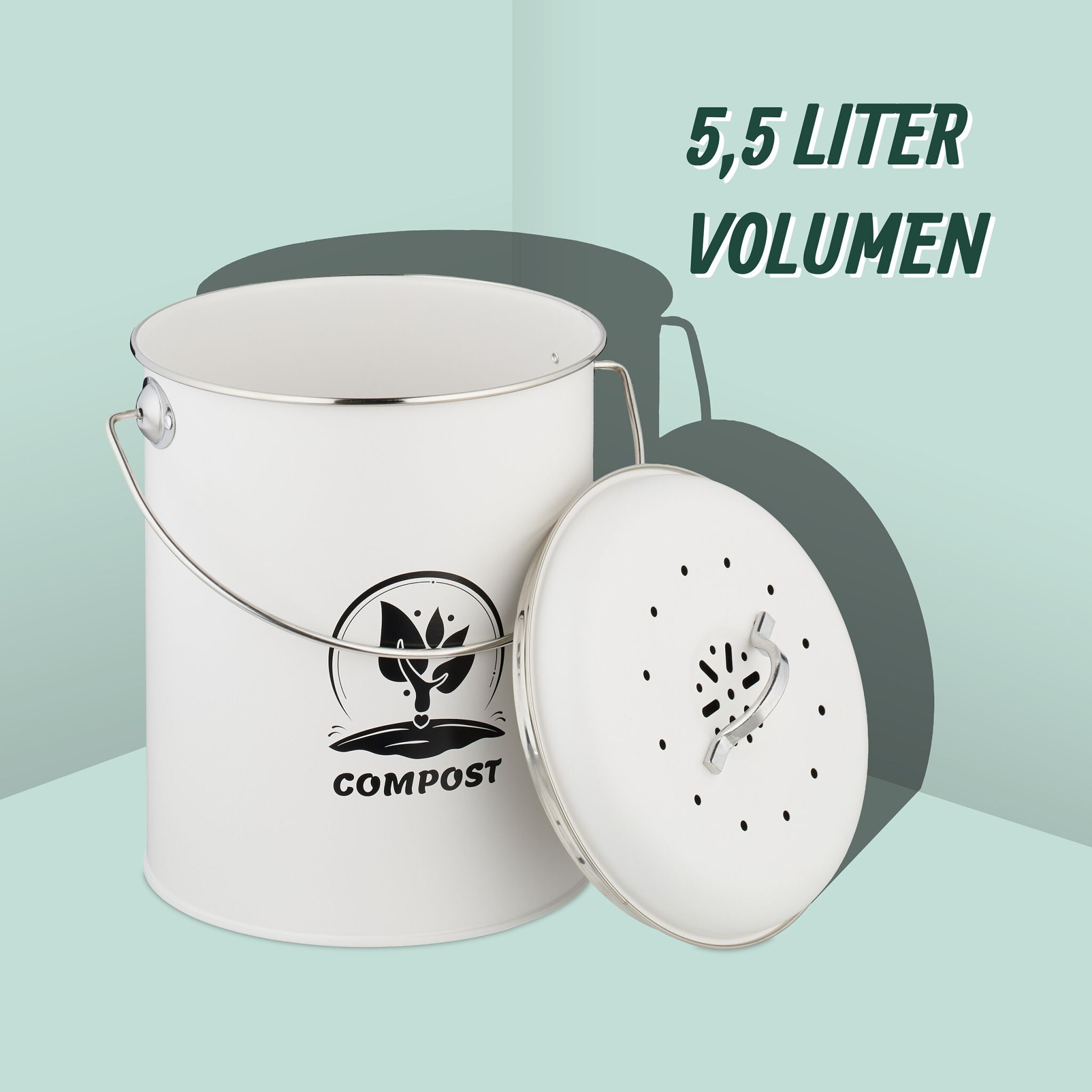 Komposteimer mit Geruchsfilter 5,5L Weiss-Schwarz-Silber