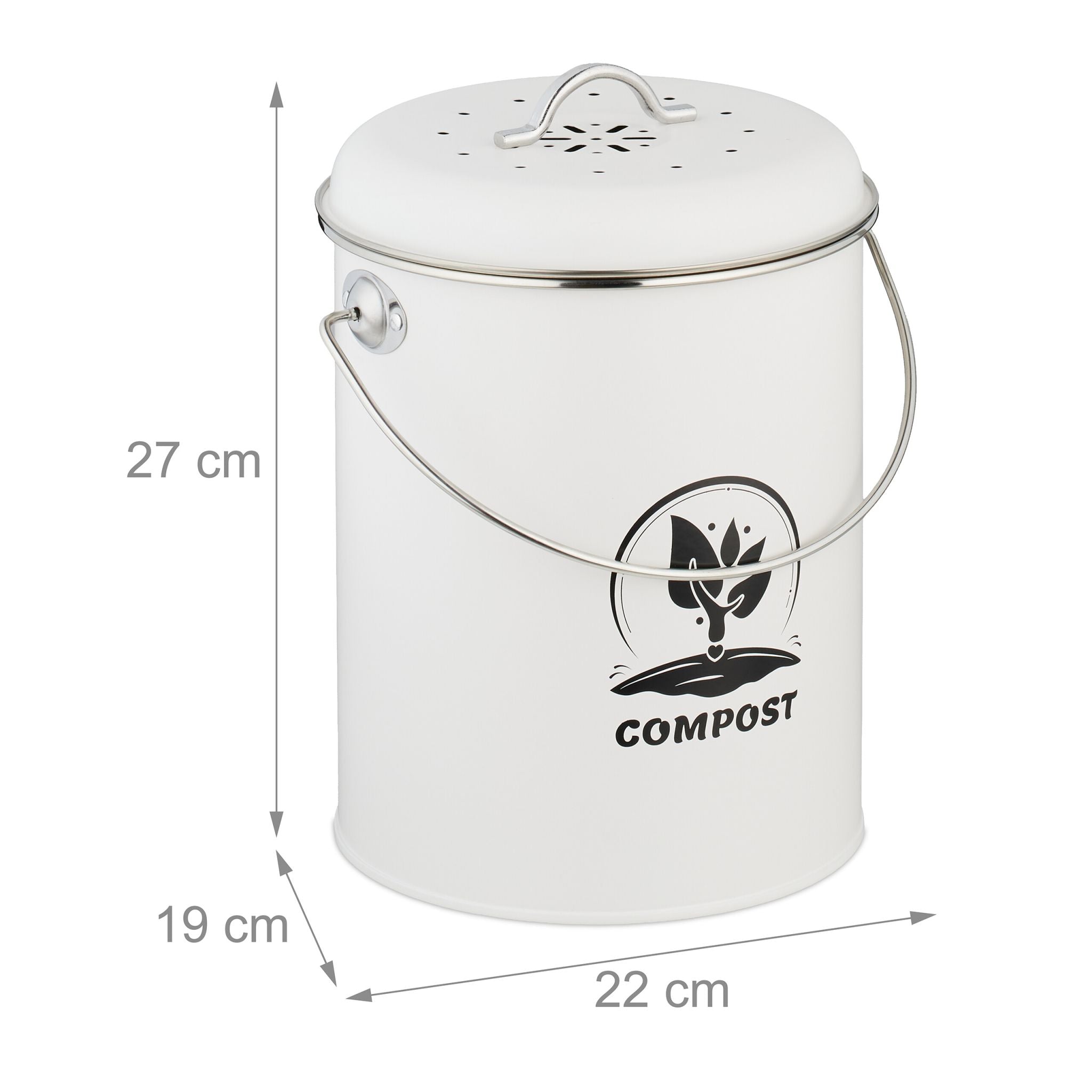 Komposteimer mit Geruchsfilter 5,5L Weiss-Schwarz-Silber