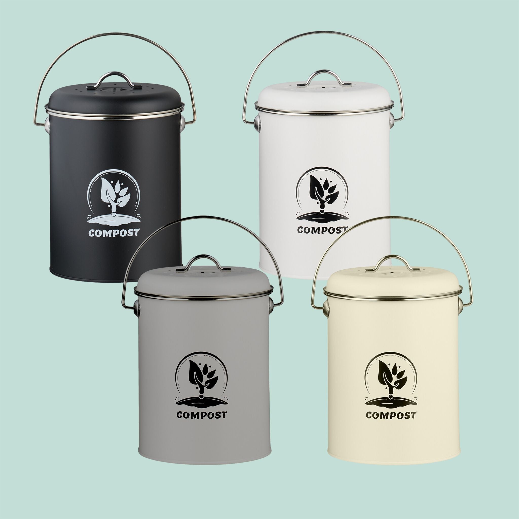 Komposteimer mit Geruchsfilter 5,5L Weiss-Schwarz-Silber