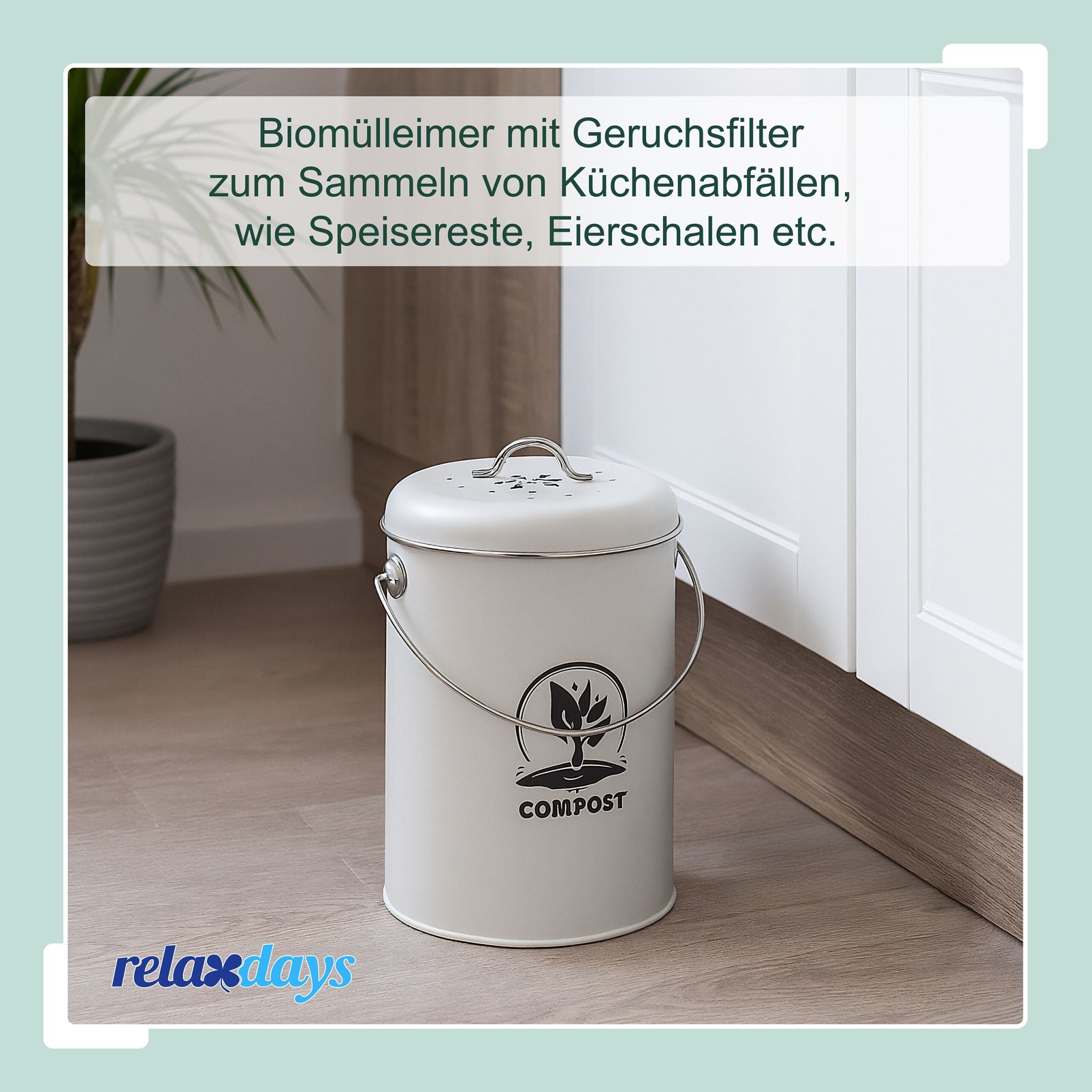 Komposteimer mit Geruchsfilter 5,5L Weiss-Schwarz-Silber