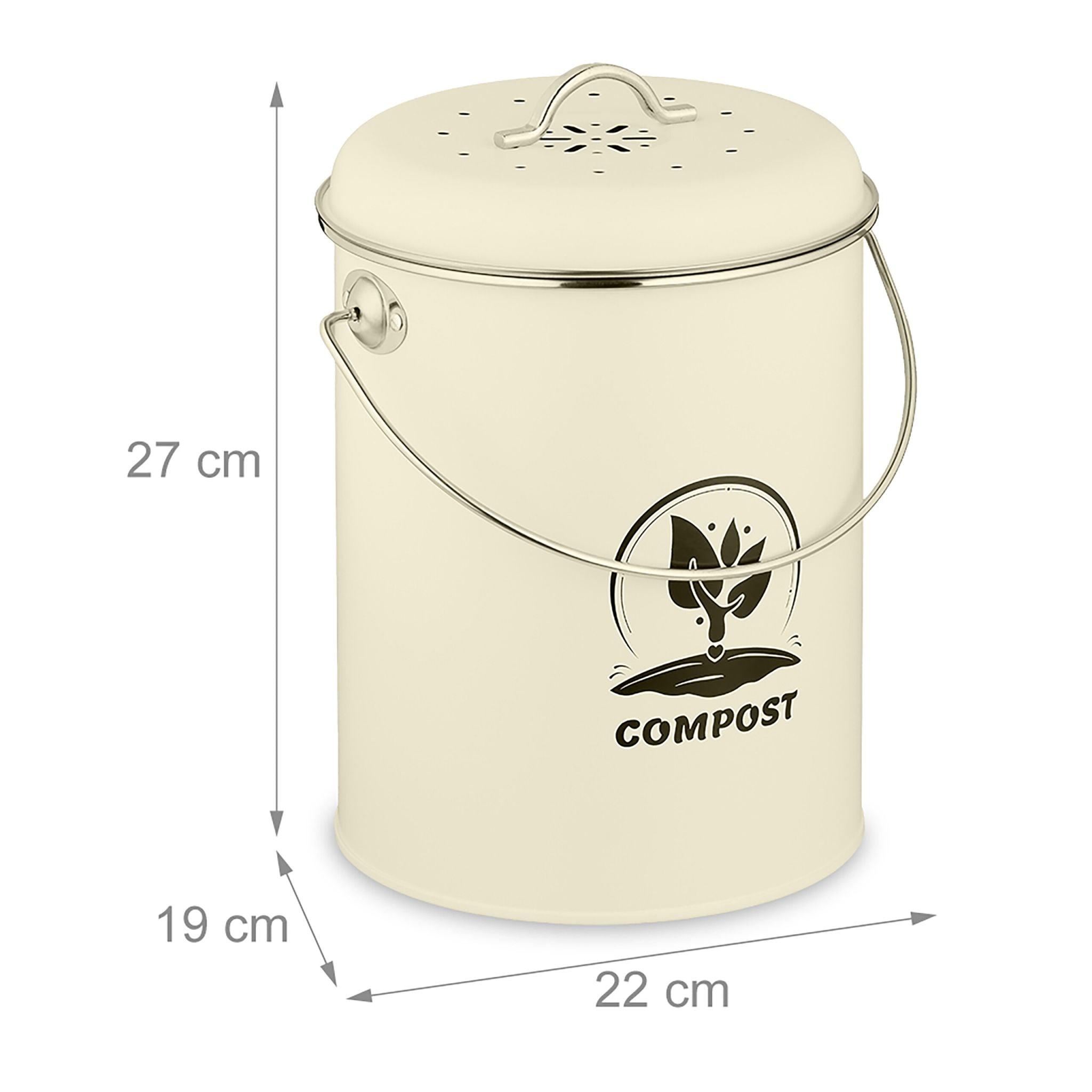 Komposteimer mit Geruchsfilter 5,5L Creme-Schwarz-Silber von Relaxdays