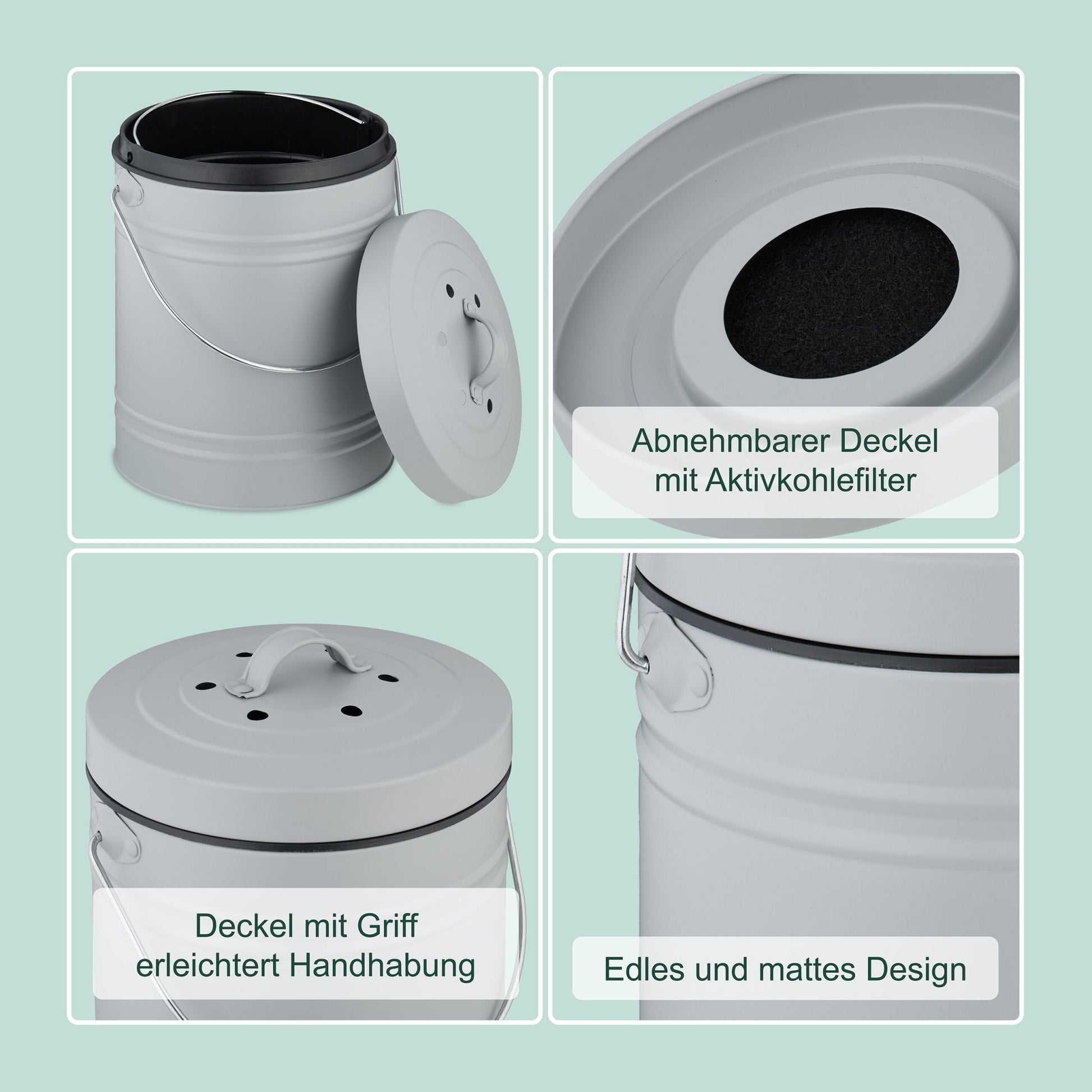 Komposteimer mit Geruchsfilter 5L Schwarz-Silber-Grau von Relaxdays