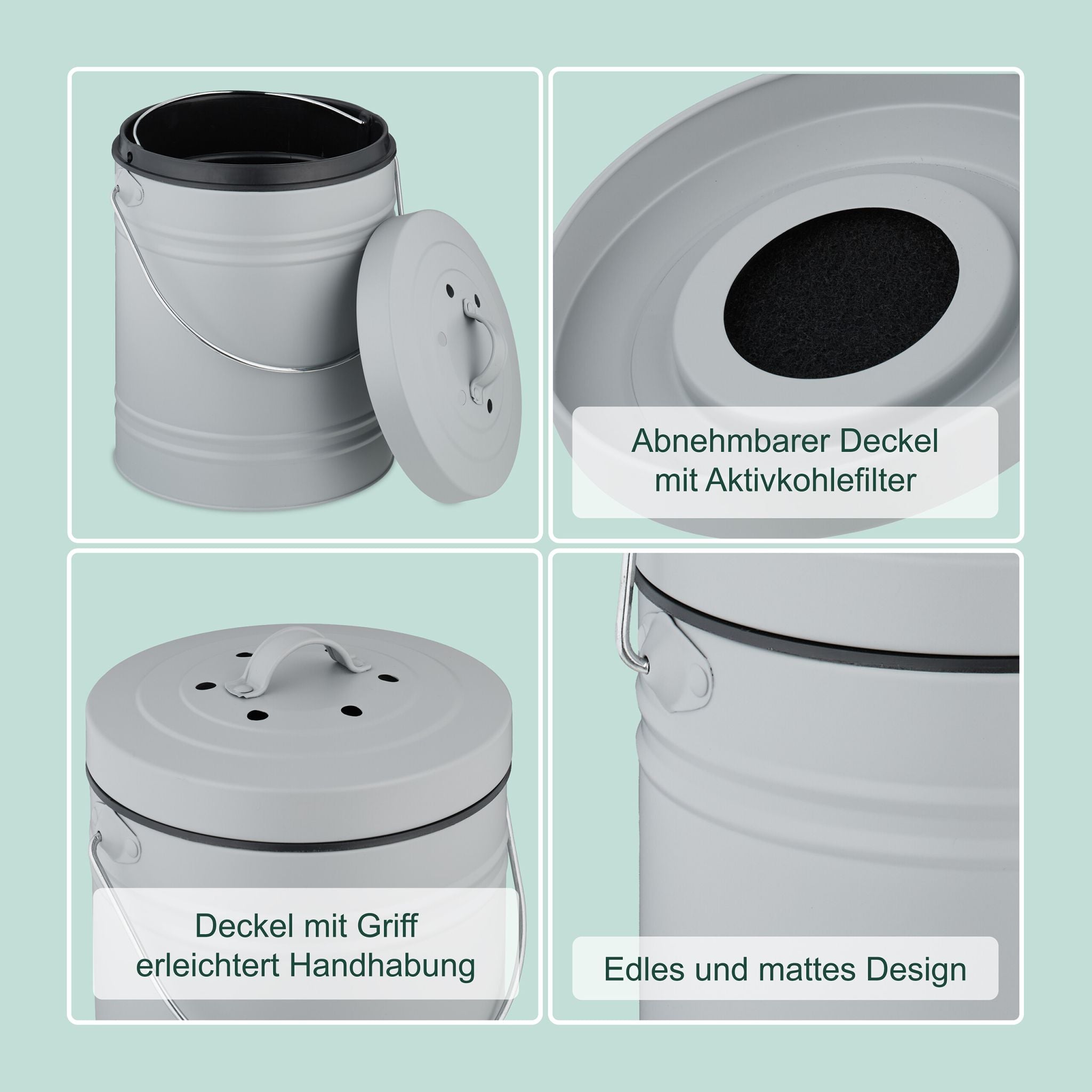 Komposteimer mit Geruchsfilter 5L Schwarz-Silber-Grau von Relaxdays