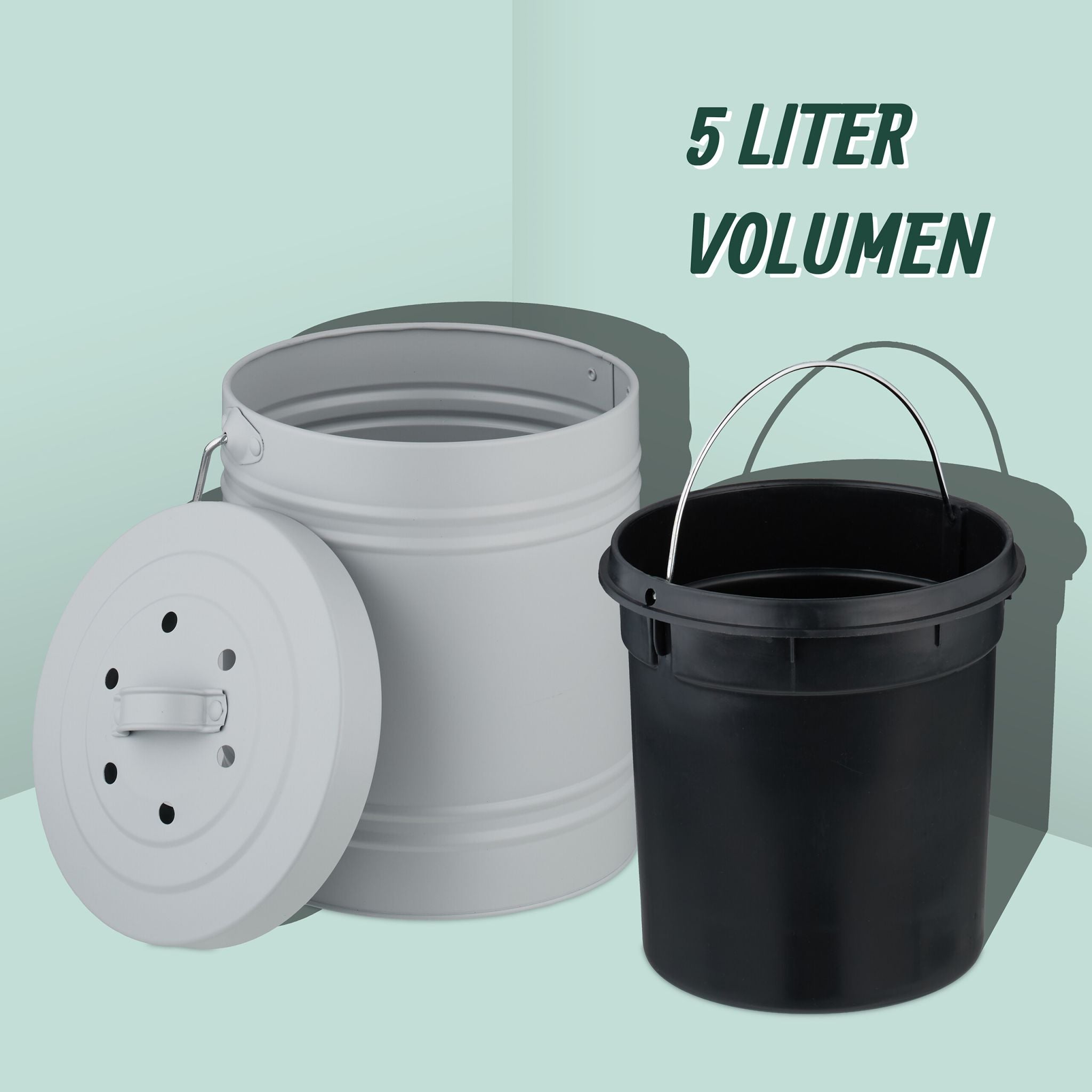 Komposteimer mit Geruchsfilter 5L Schwarz-Silber-Grau von Relaxdays