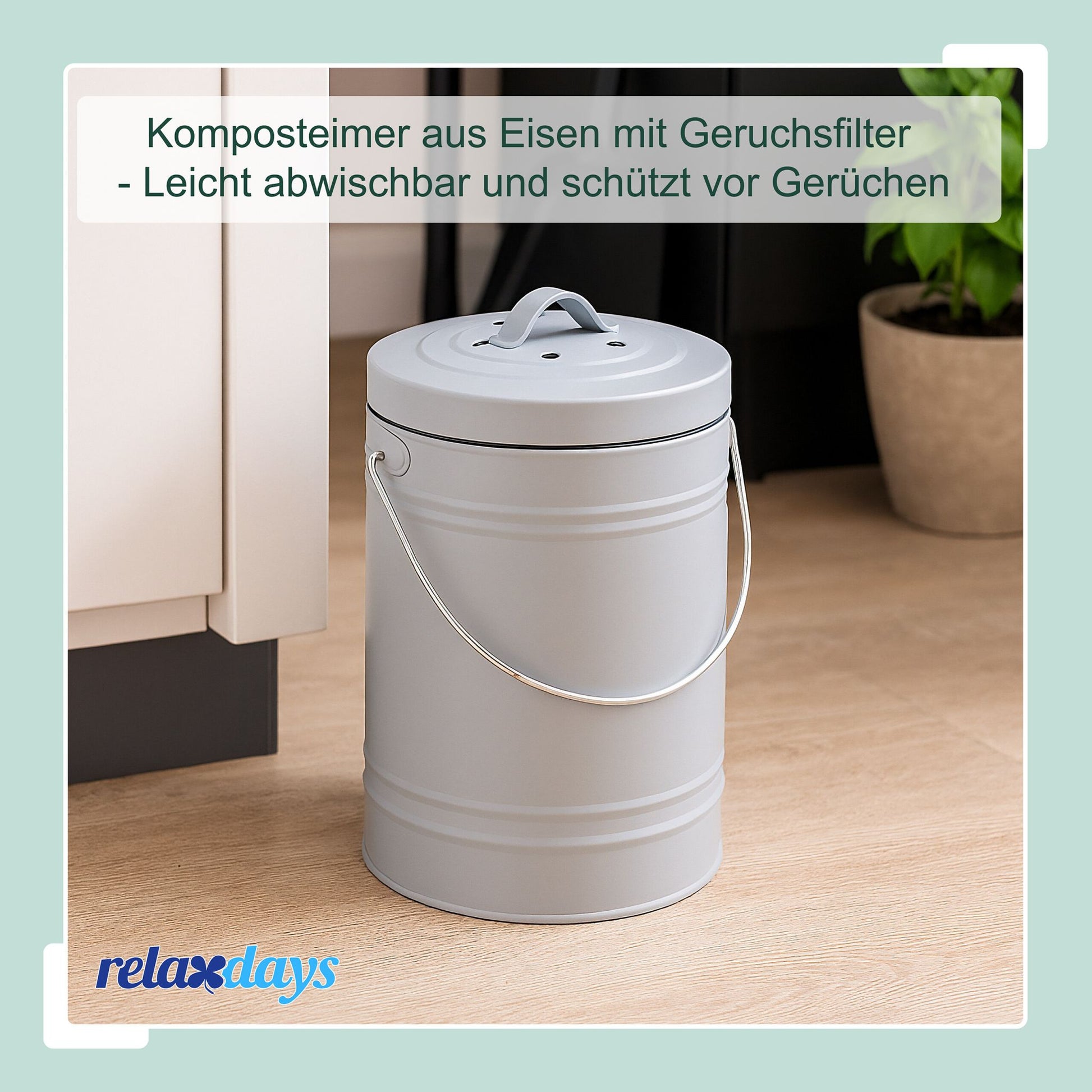 Komposteimer mit Geruchsfilter 5L Schwarz-Silber-Grau von Relaxdays