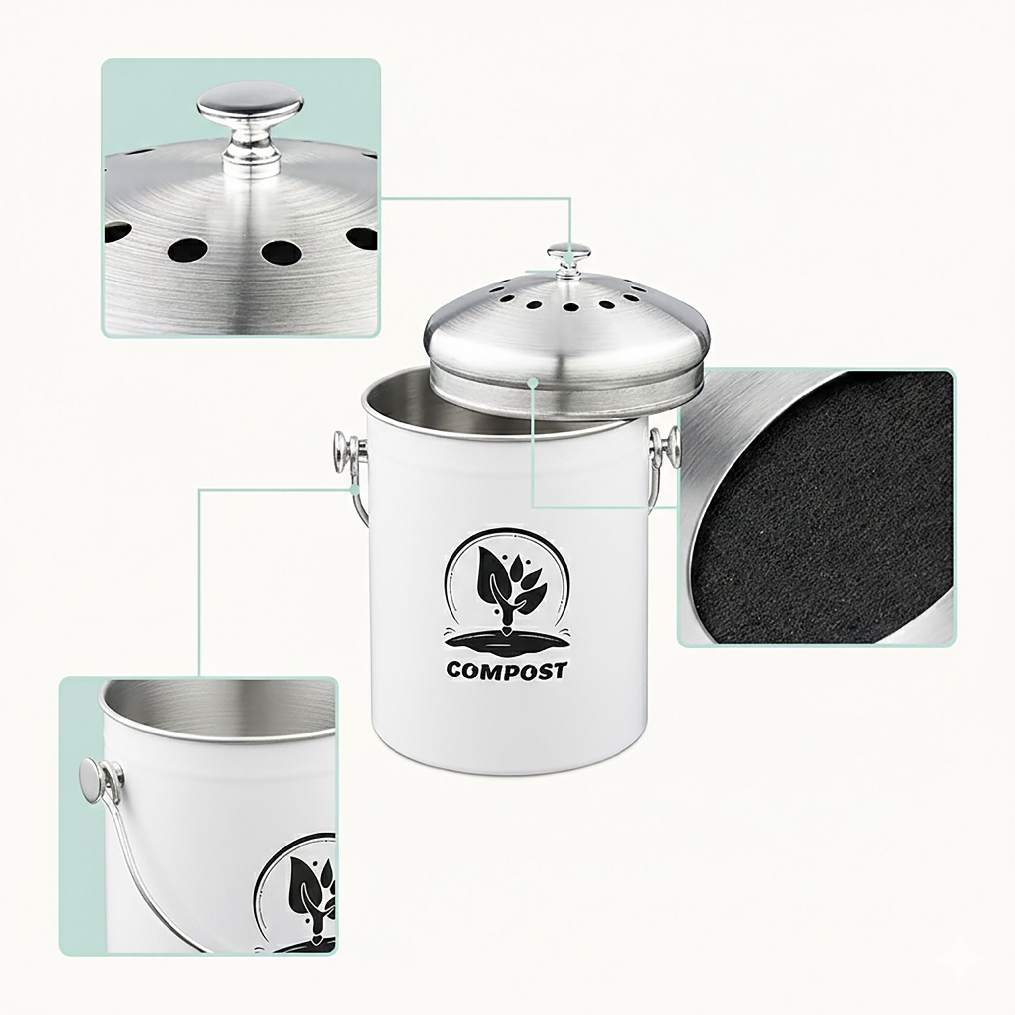 Komposteimer mit Geruchsfilter 5L Weiss-Schwarz von Relaxdays