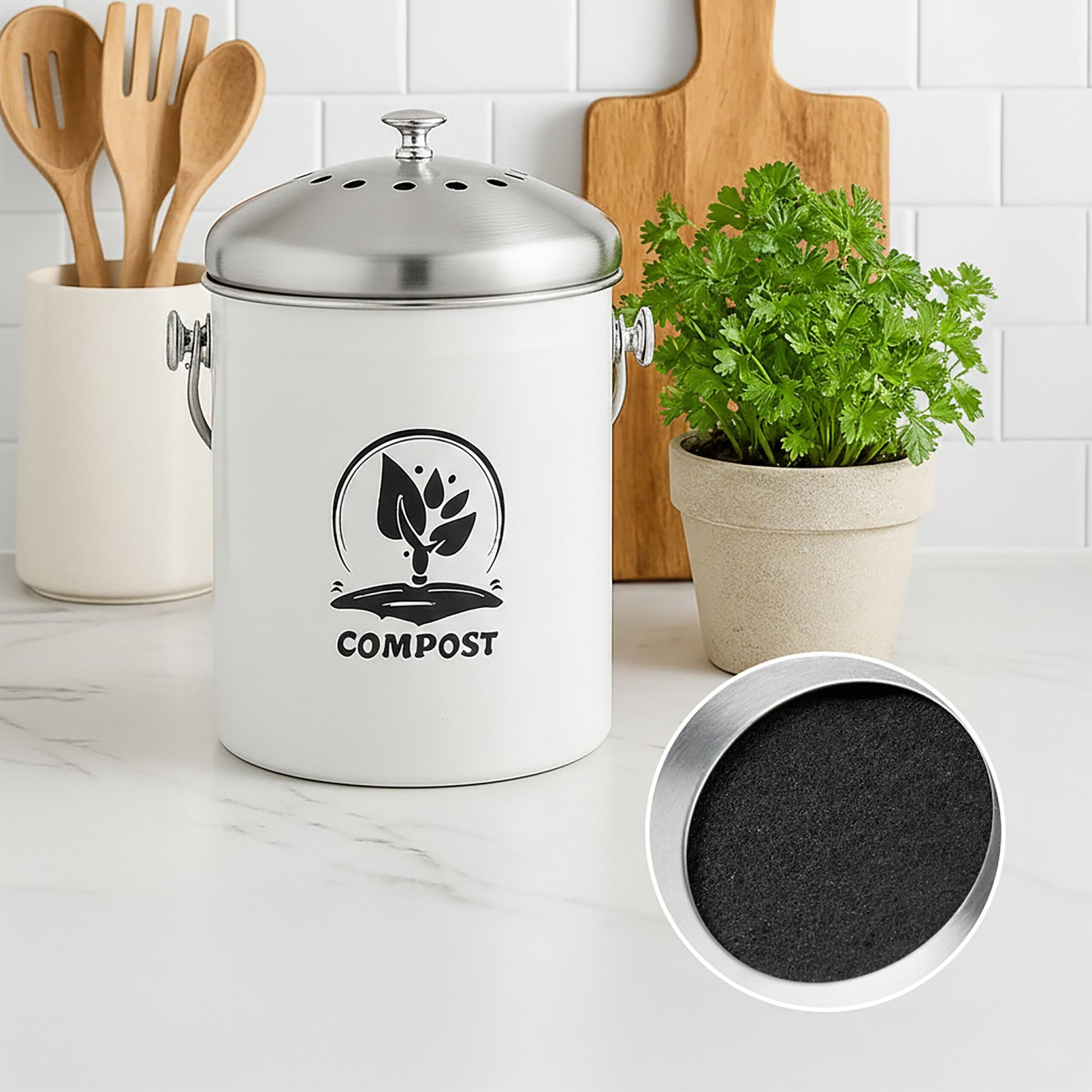 Komposteimer mit Geruchsfilter 5L Weiss-Schwarz von Relaxdays