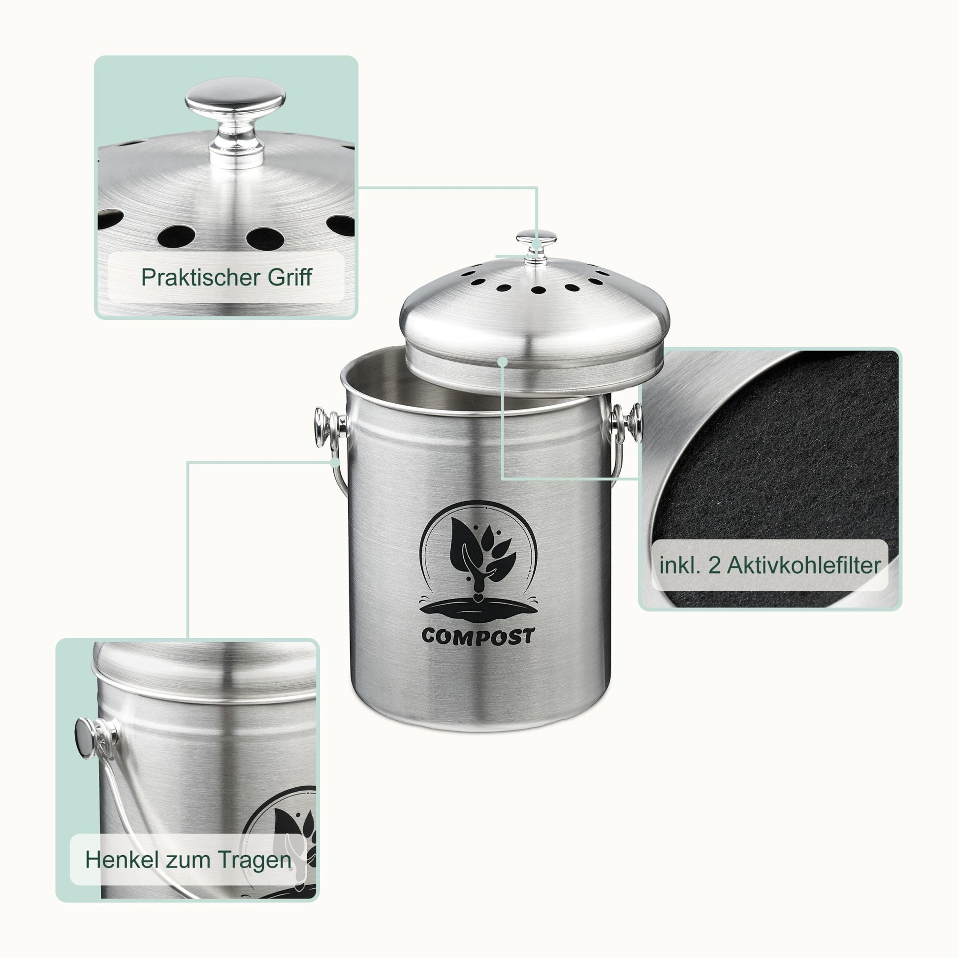Komposteimer mit Geruchsfilter 5L Schwarz-Silber von Relaxdays