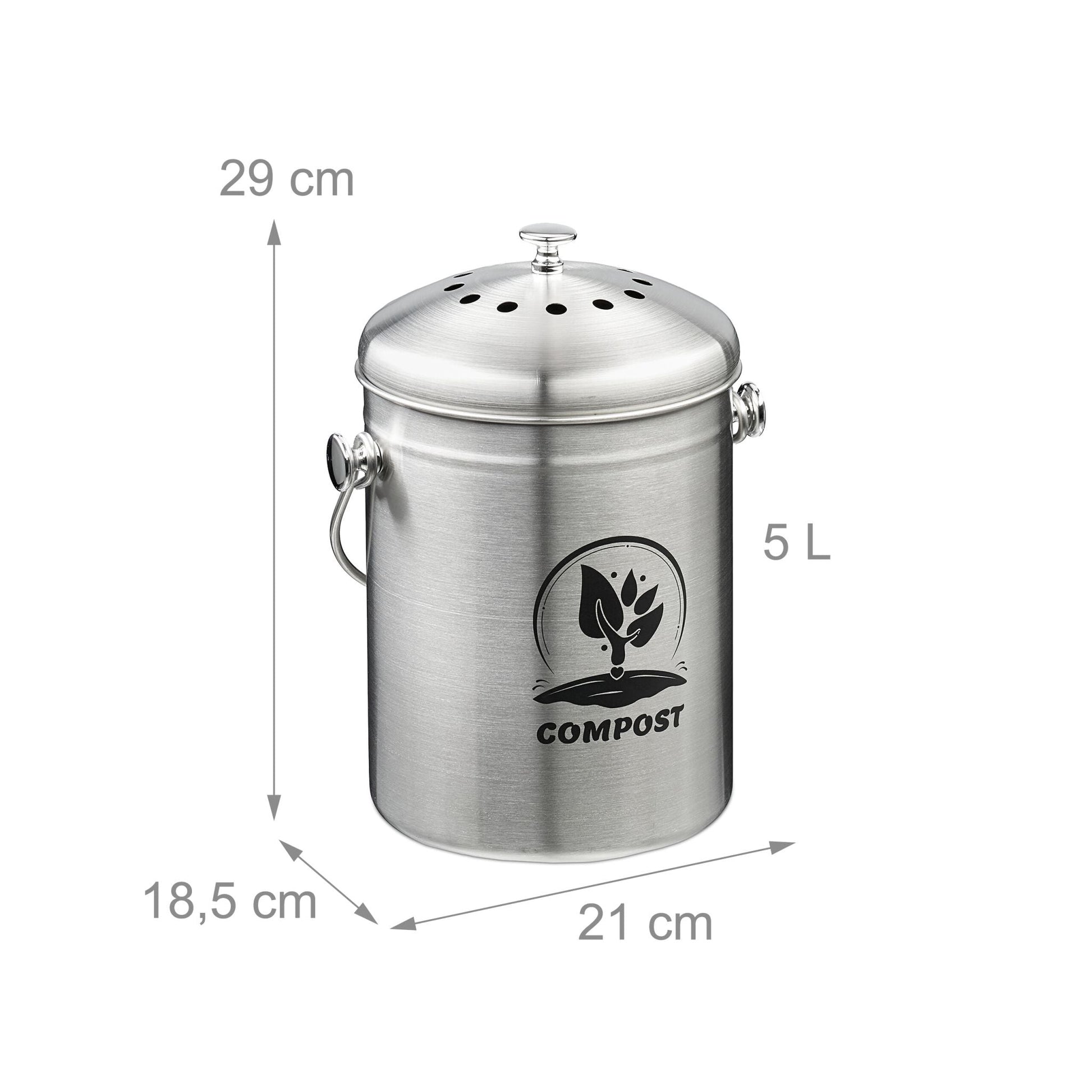 Komposteimer mit Geruchsfilter 5L Schwarz-Silber von Relaxdays