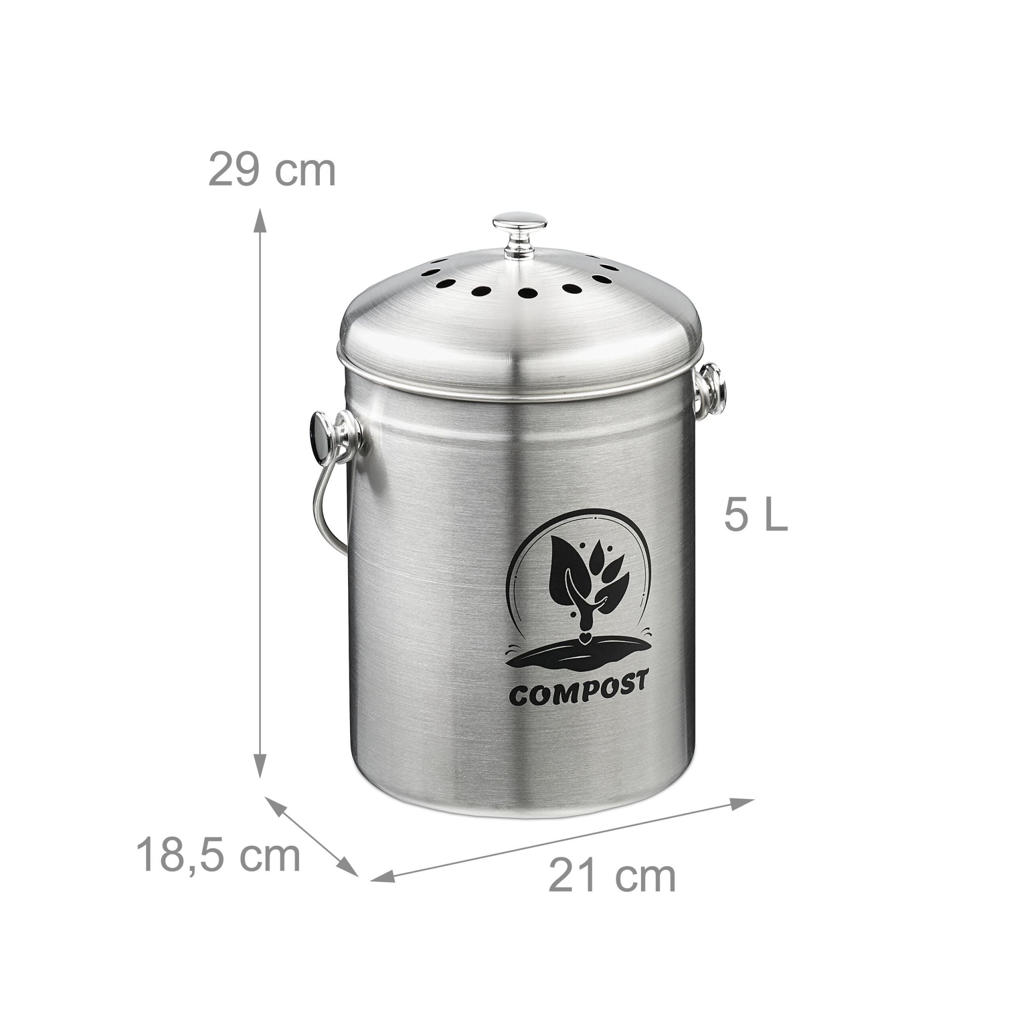 Komposteimer mit Geruchsfilter 5L Schwarz-Silber von Relaxdays