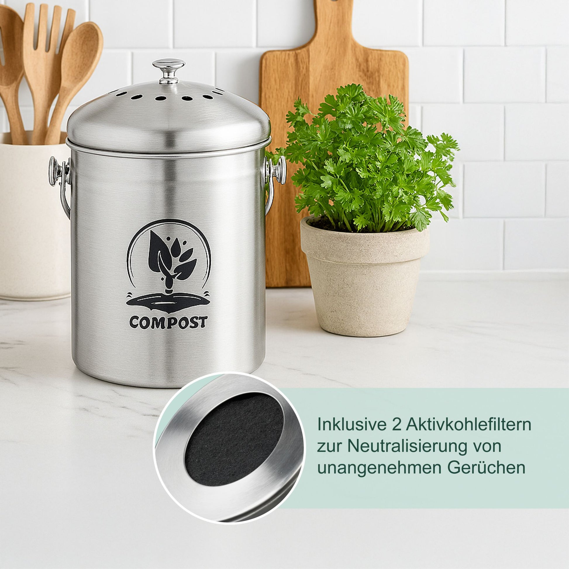 Komposteimer mit Geruchsfilter 5L Schwarz-Silber von Relaxdays