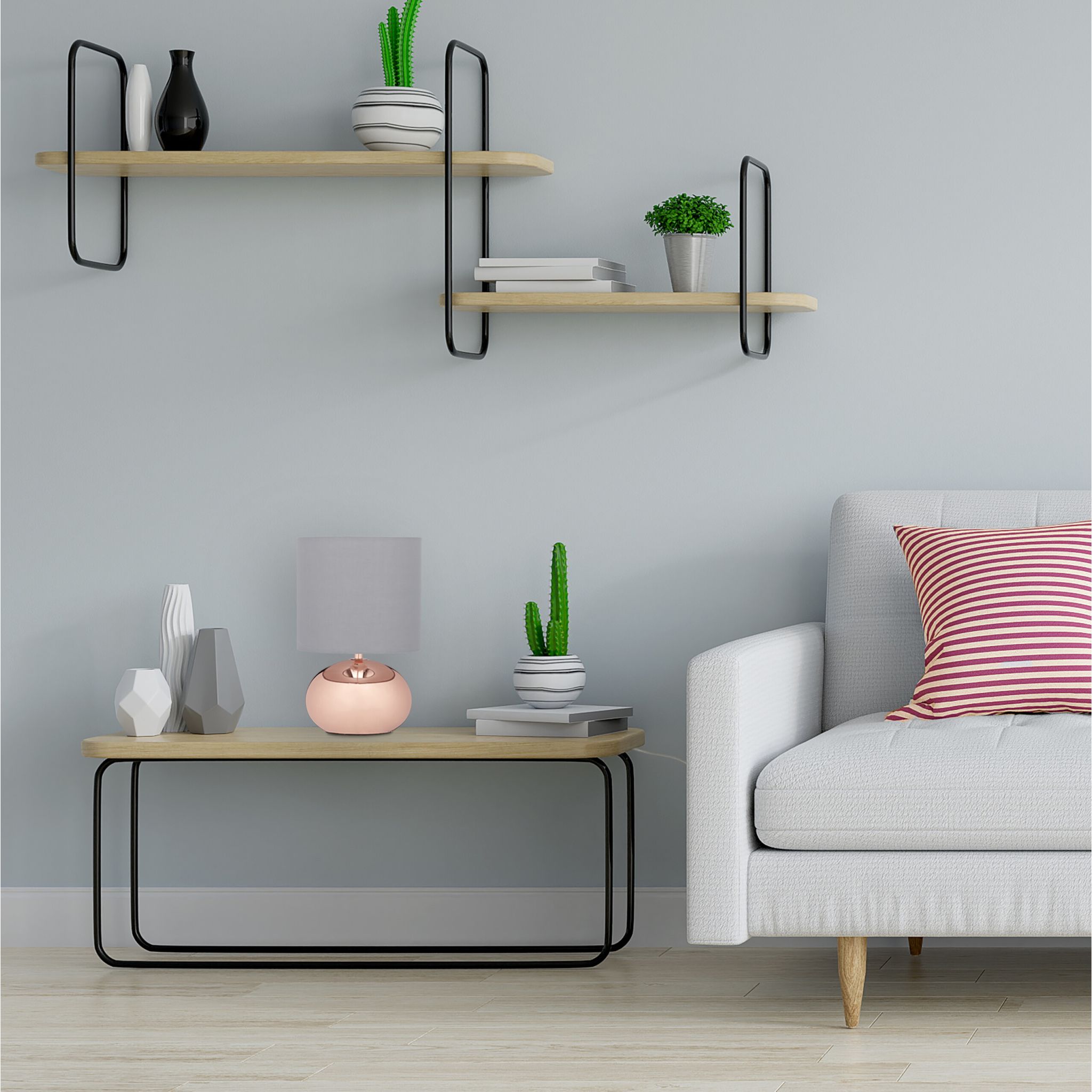 Tischlampe Metall & Stoff Kupfer-Grau von Relaxdays