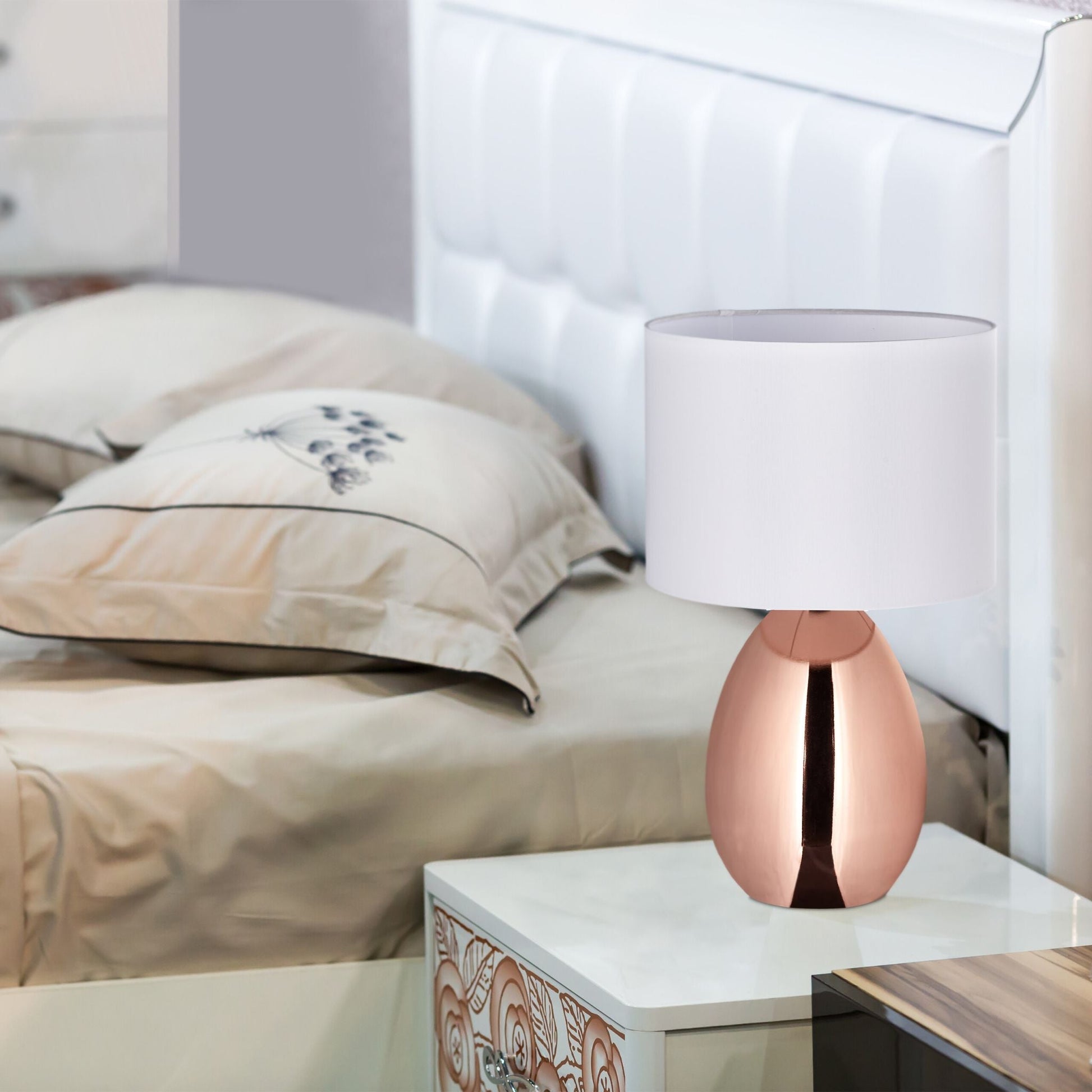 Tischlampe Metall & Stoff Weiss-Kupfer von Relaxdays