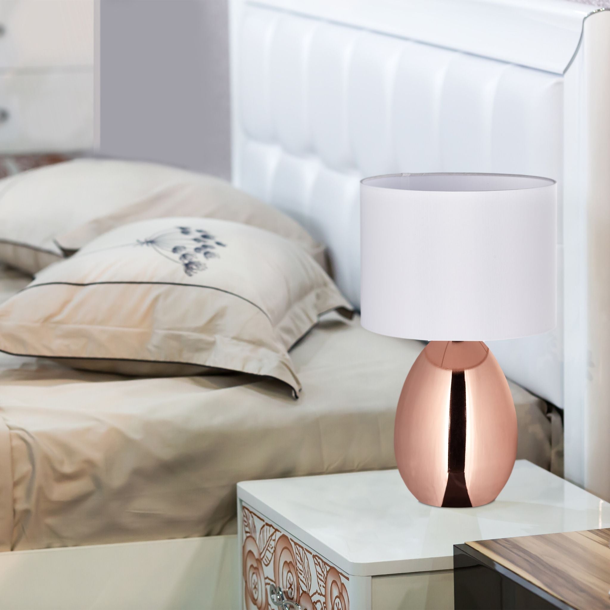 Tischlampe Metall & Stoff Weiss-Kupfer von Relaxdays