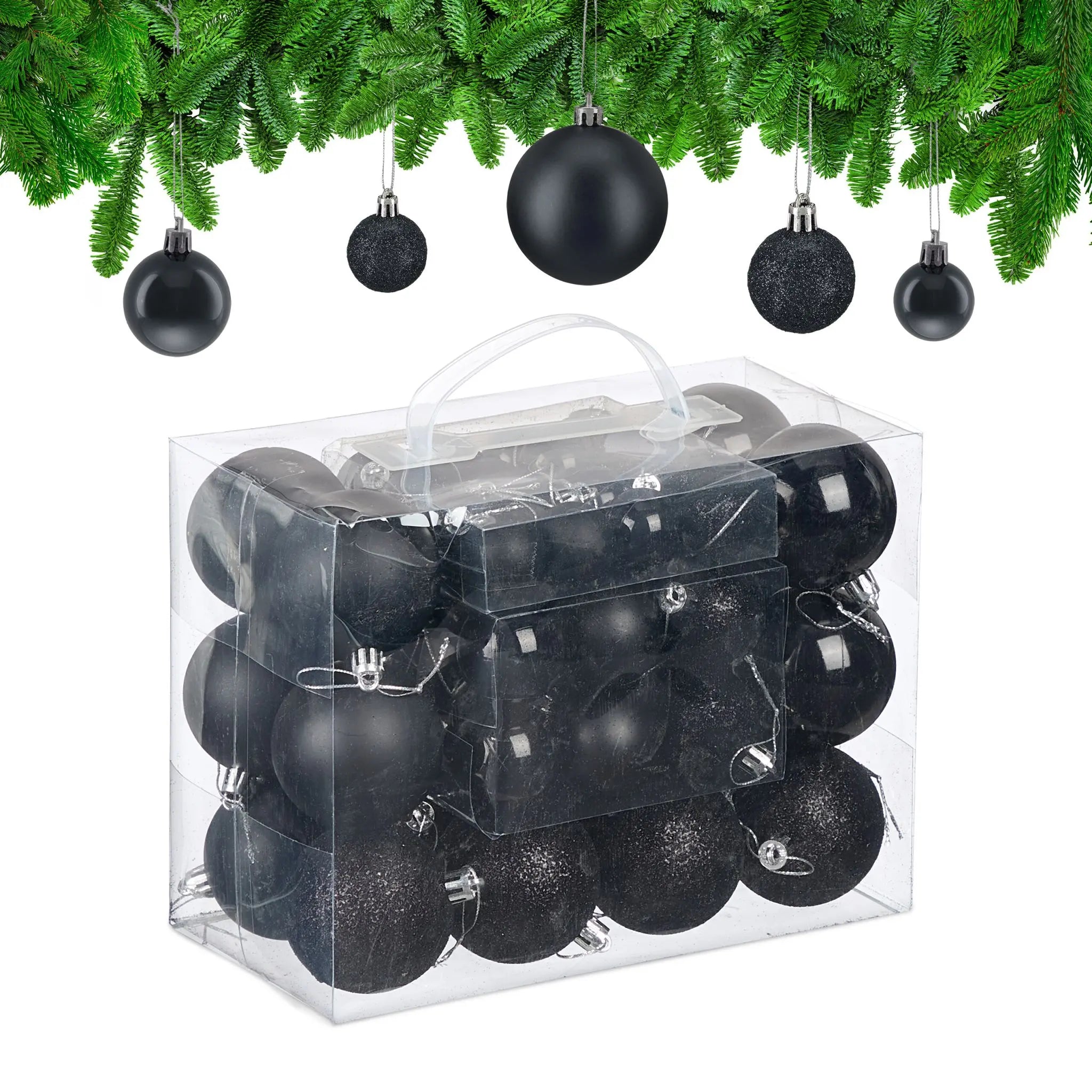 Weihnachtskugeln 50er-Set Matt-Glänzend-Glitzer Schwarz-Silber von Relaxdays