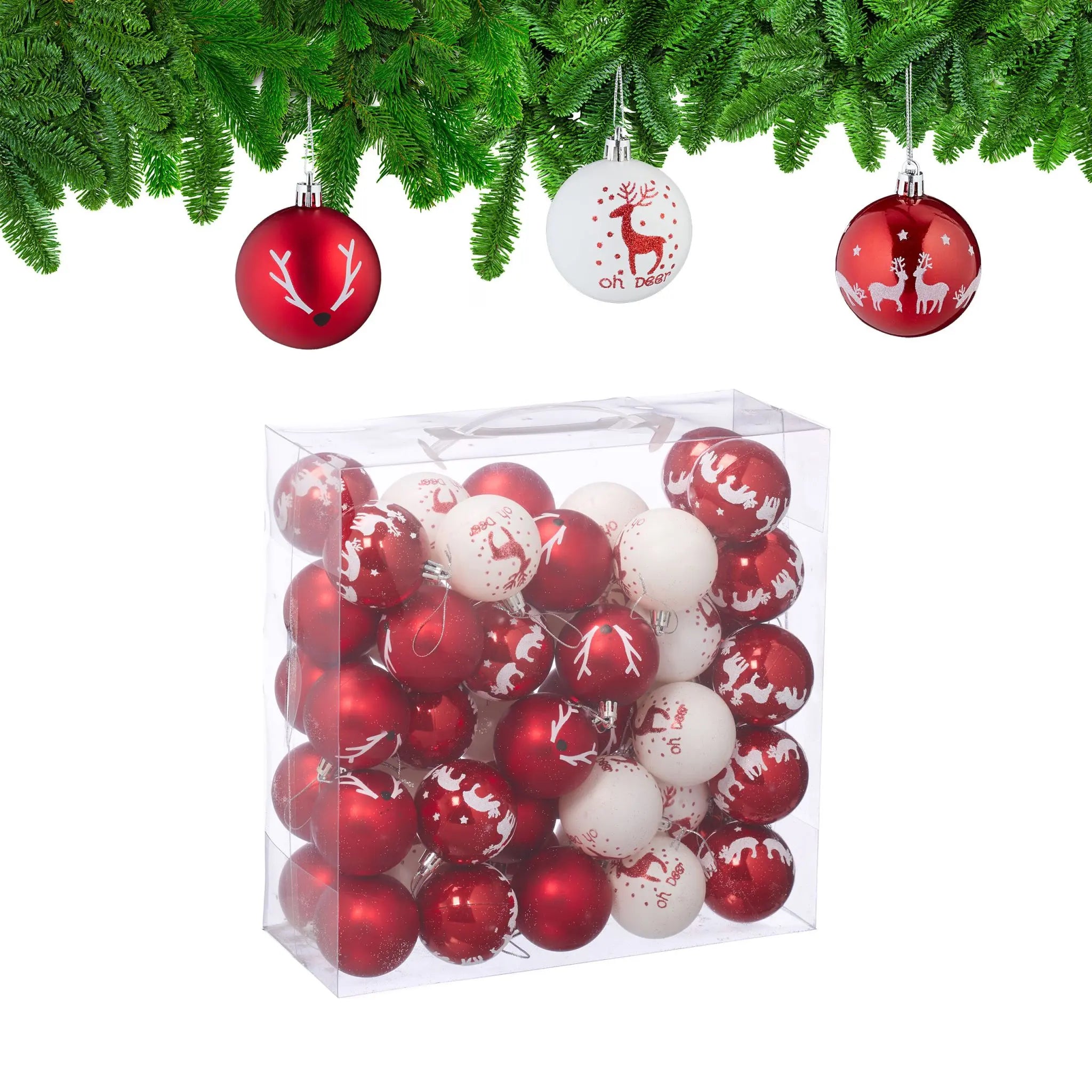 Weihnachtskugeln Rentier 50er-Set Rot-Weiss-Silber von Relaxdays