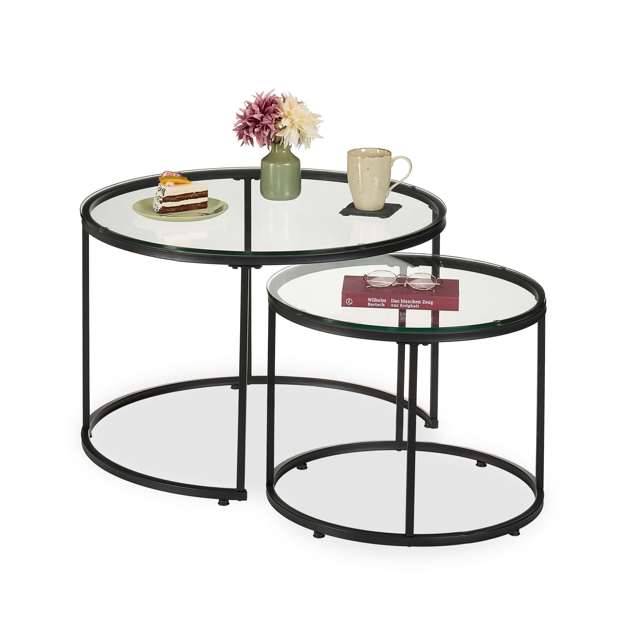 Satztisch 2er-Set Glas & Metall Schwarz-Transparent von Relaxdays