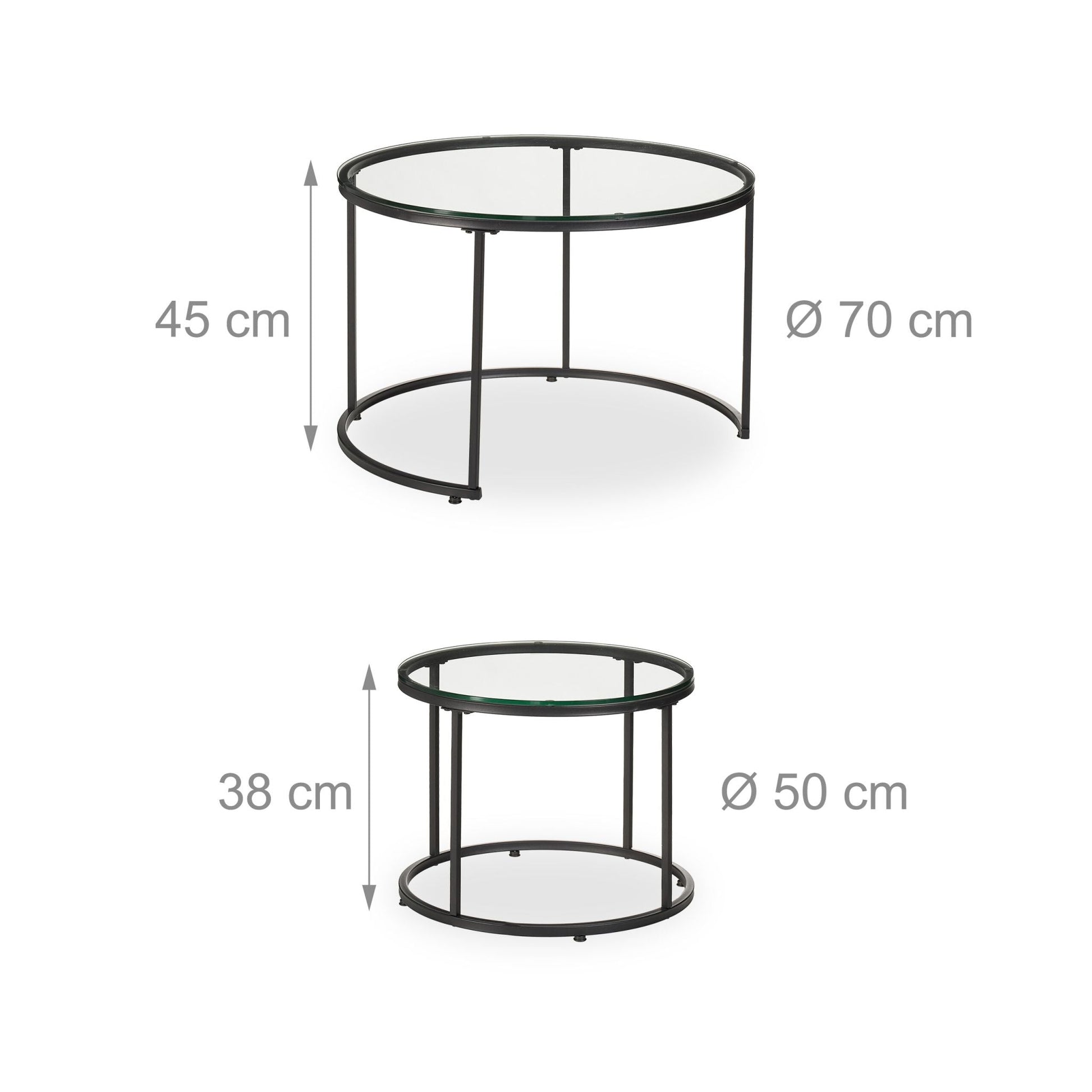 Satztisch 2er-Set Glas & Metall Schwarz-Transparent von Relaxdays