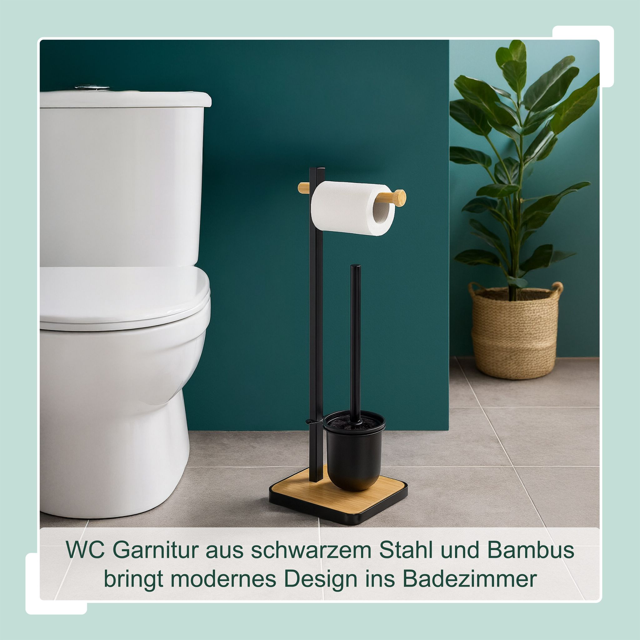 WC Garnitur Bambus & Stahl Hellbraun-Schwarz