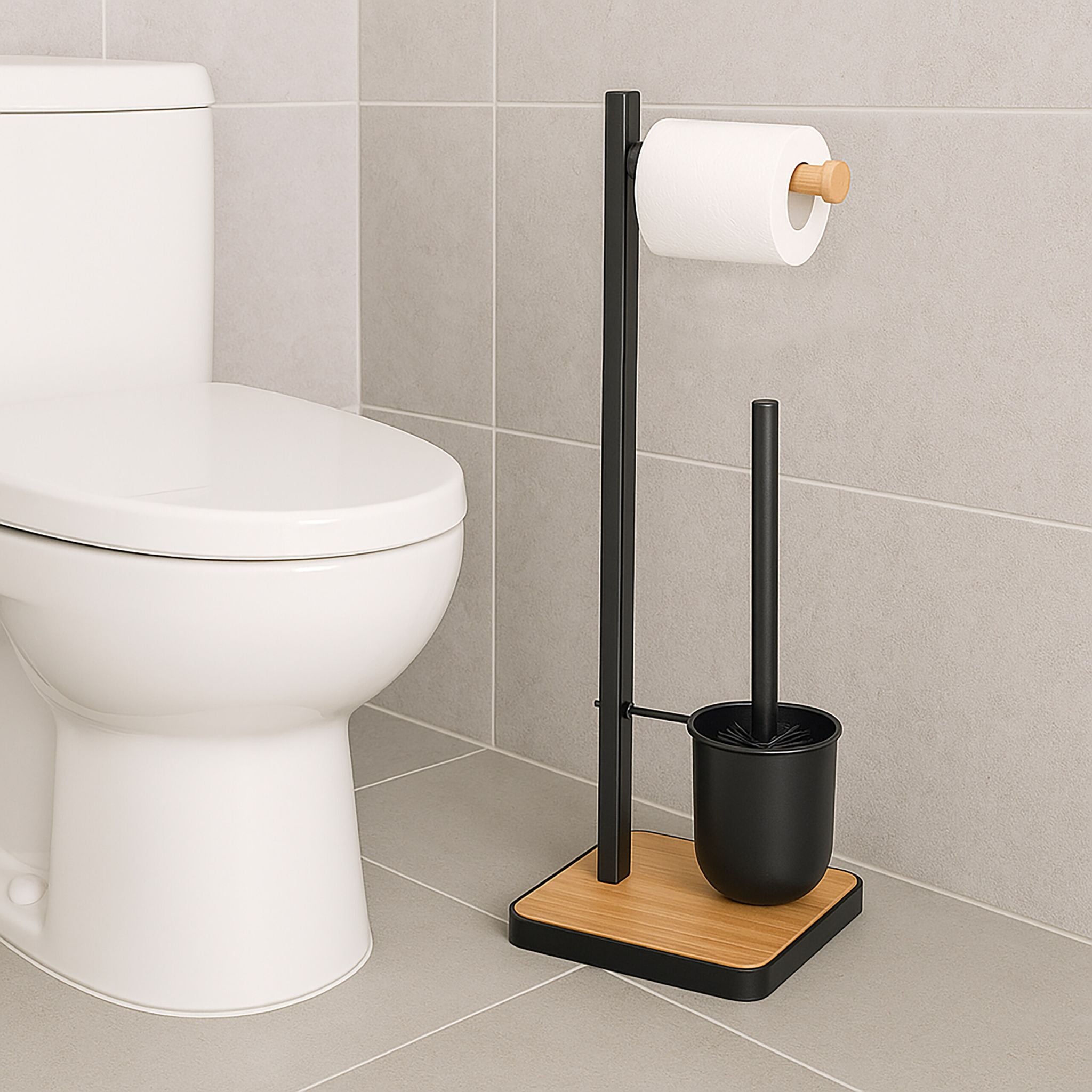 WC Garnitur Bambus & Stahl Hellbraun-Schwarz