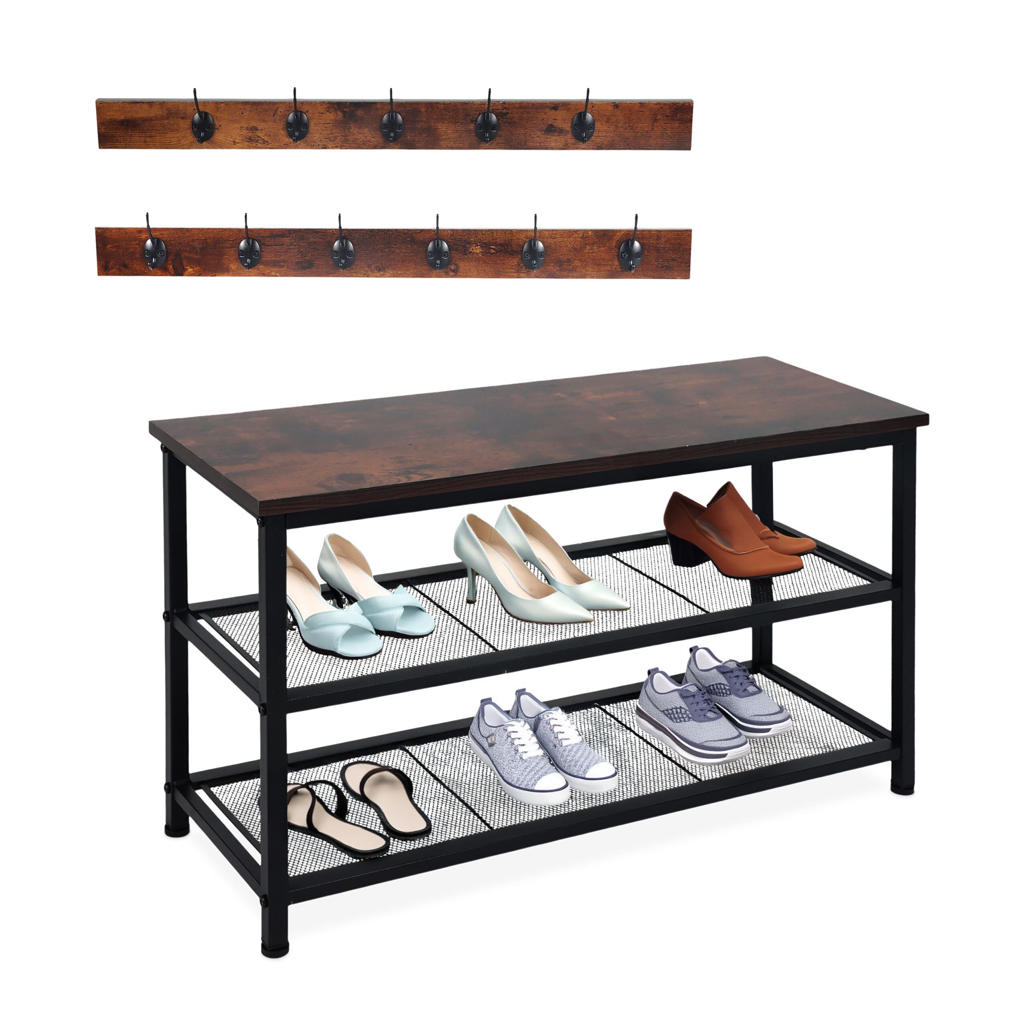 Schuhregal mit Garderobe Set Dunkelbraun-Schwarz von Relaxdays