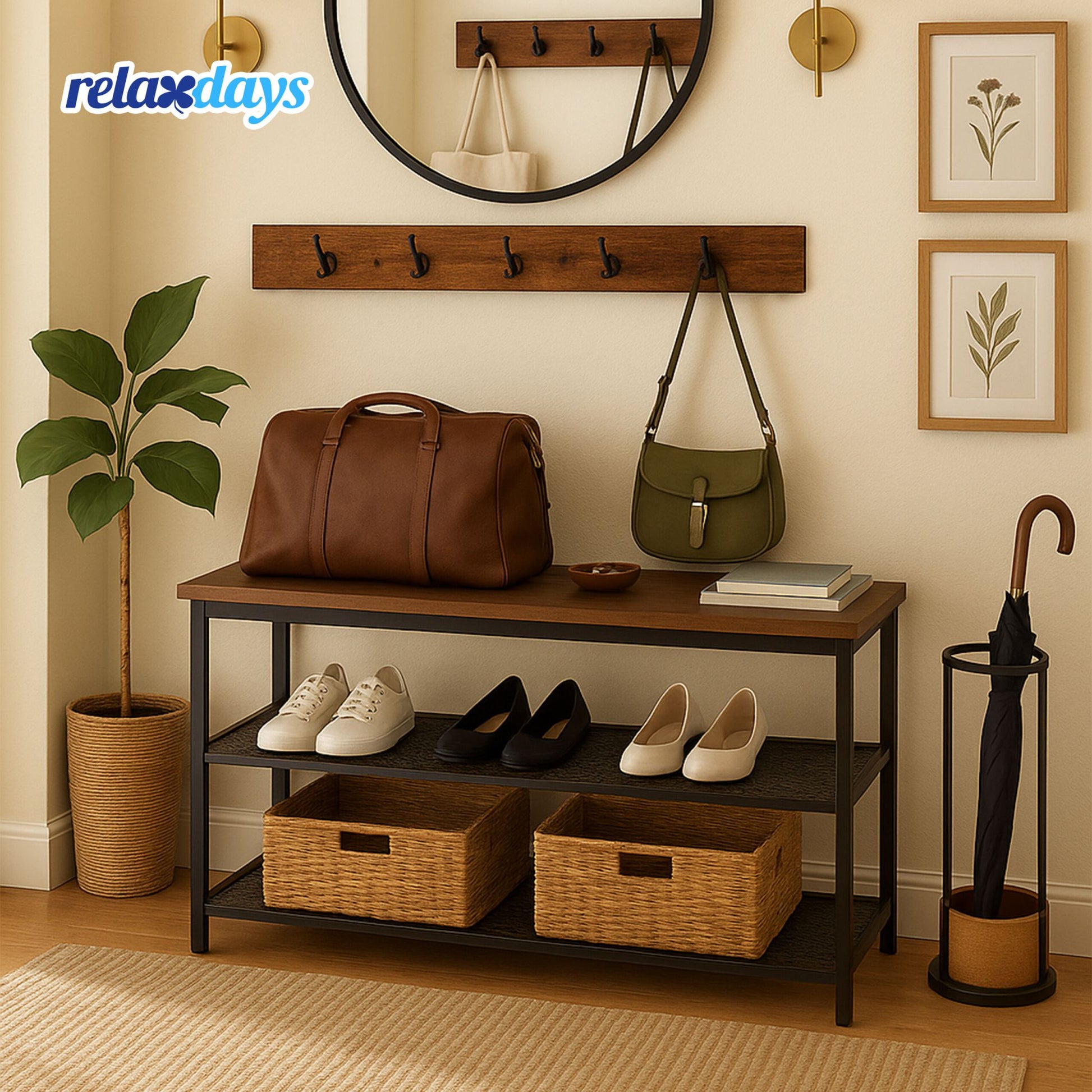Schuhregal mit Garderobe Set Dunkelbraun-Schwarz von Relaxdays