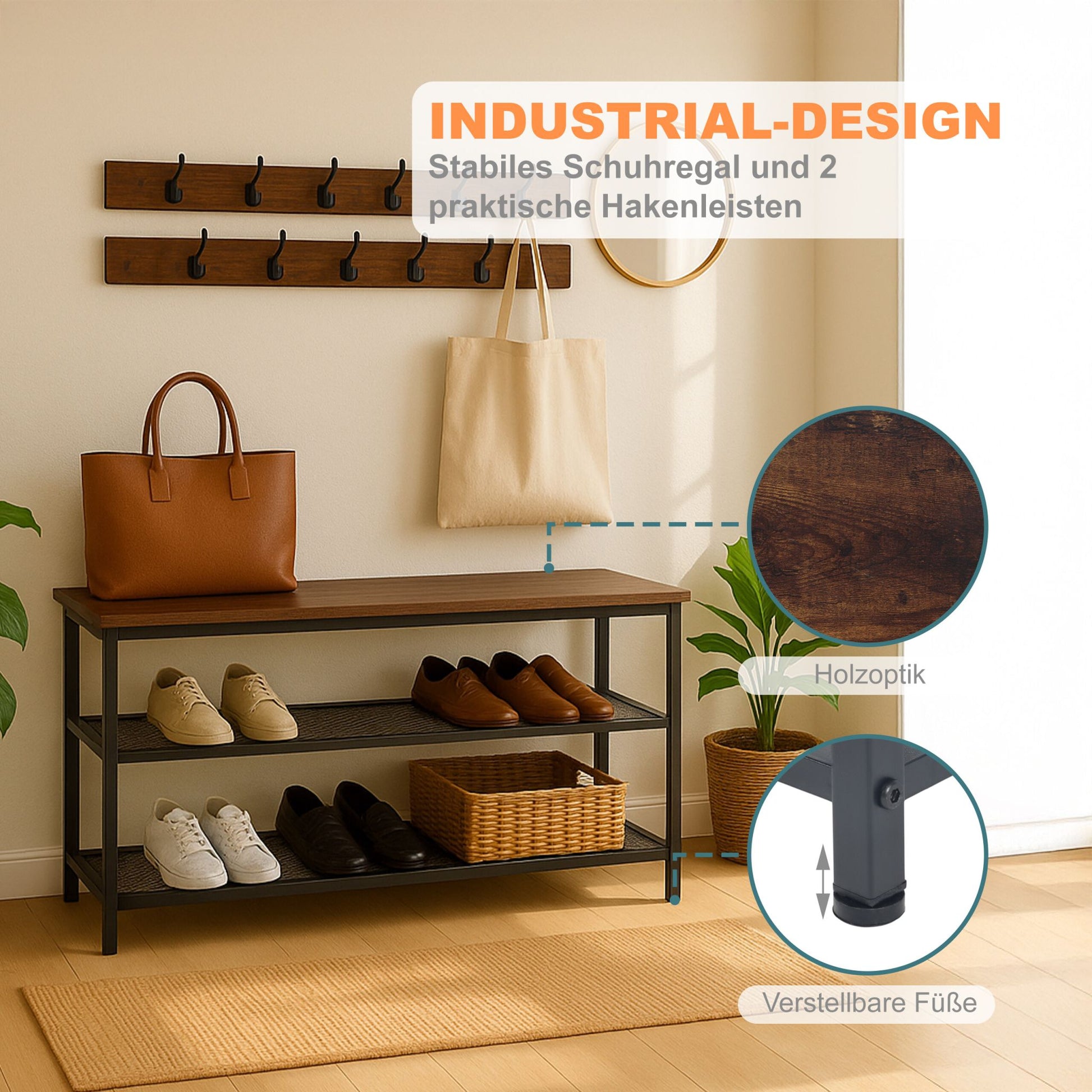 Schuhregal mit Garderobe Set Dunkelbraun-Schwarz von Relaxdays