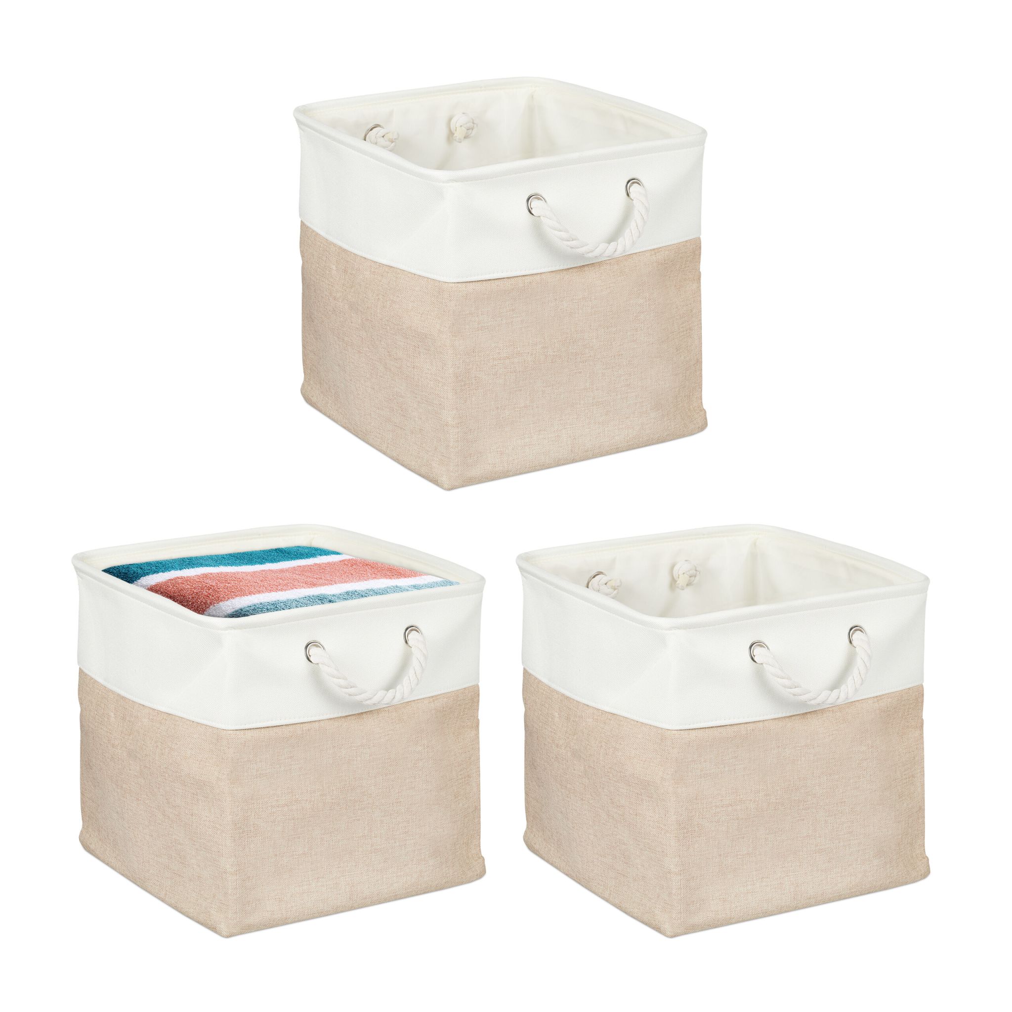 Aufbewahrungskorb Leinen 3er-Set Beige-Creme von Relaxdays