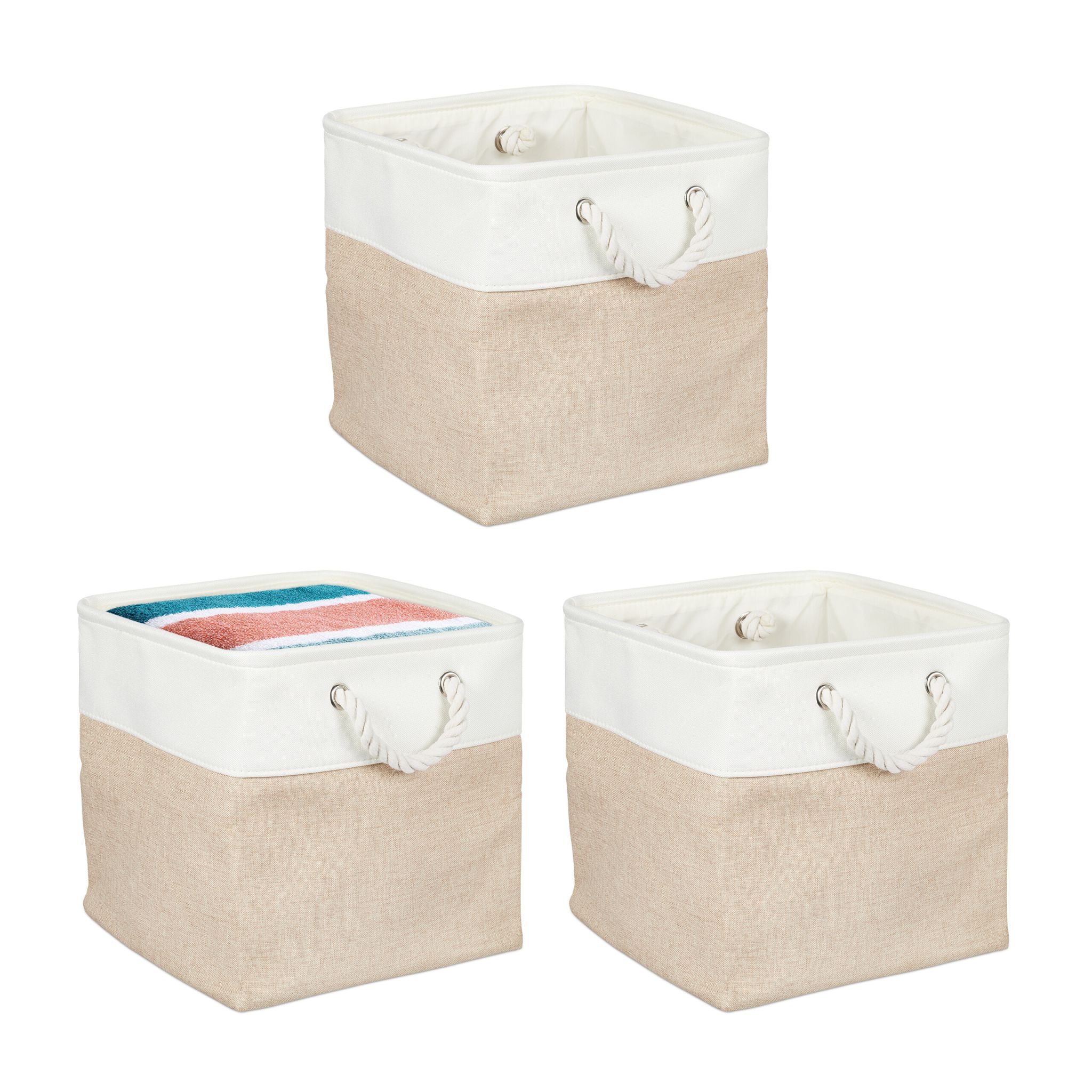 Aufbewahrungskorb Leinen 3er-Set Beige-Creme von Relaxdays