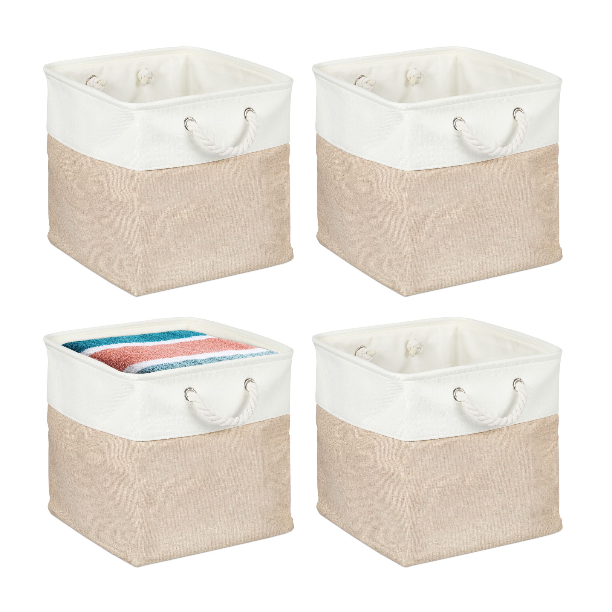 Aufbewahrungskorb Leinen 4er-Set Beige-Weiss von Relaxdays