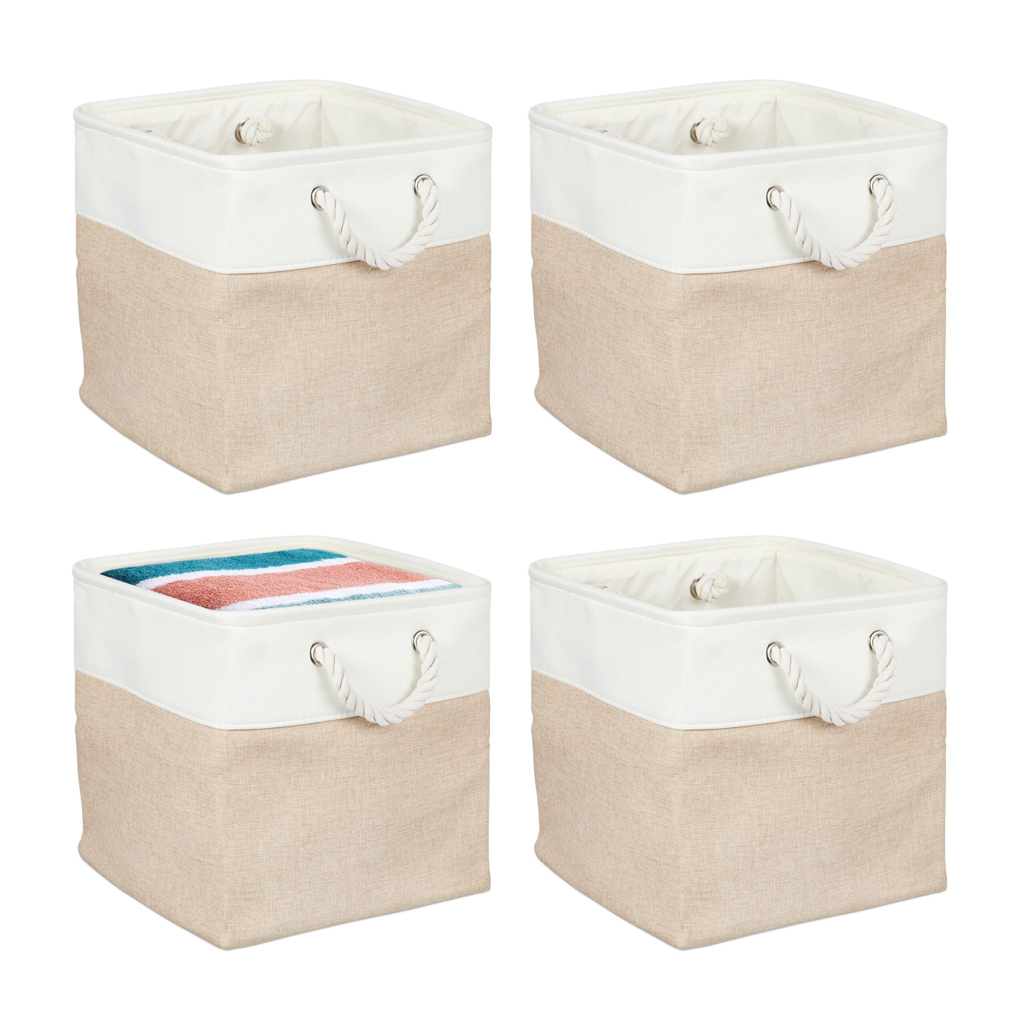 Aufbewahrungskorb Leinen 4er-Set Beige-Weiss von Relaxdays