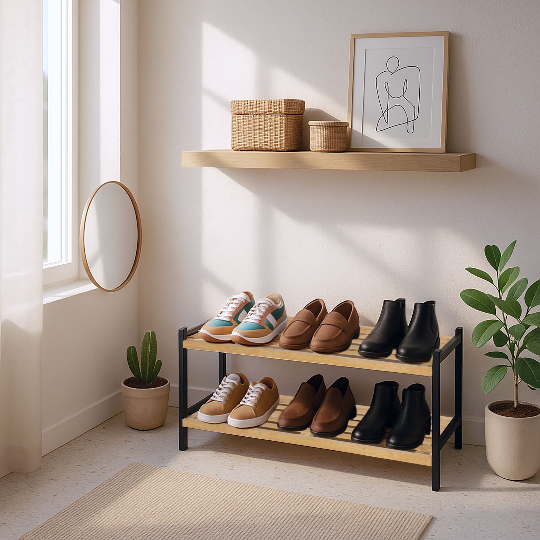 Schuhregal Bambus 2 Ebenen Hellbraun-Schwarz von Relaxdays