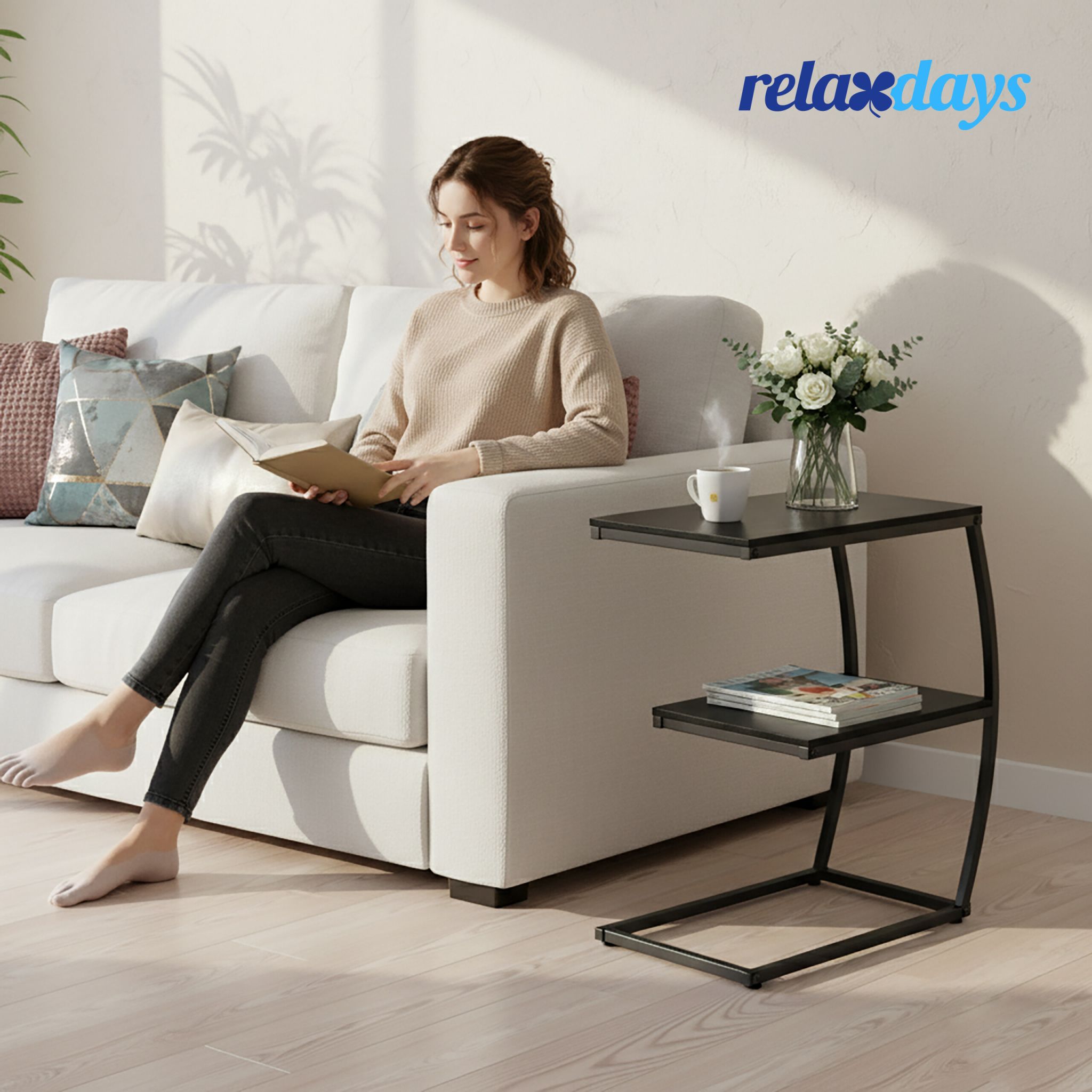 Beistelltisch in C-Form mit 2 Ablagen Schwarz von Relaxdays