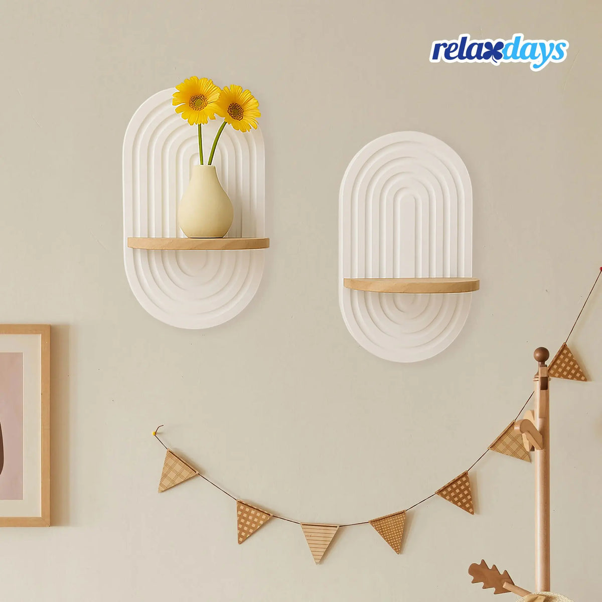 Wandregal Boho 2er-Set Weiss-Hellbraun von Relaxdays