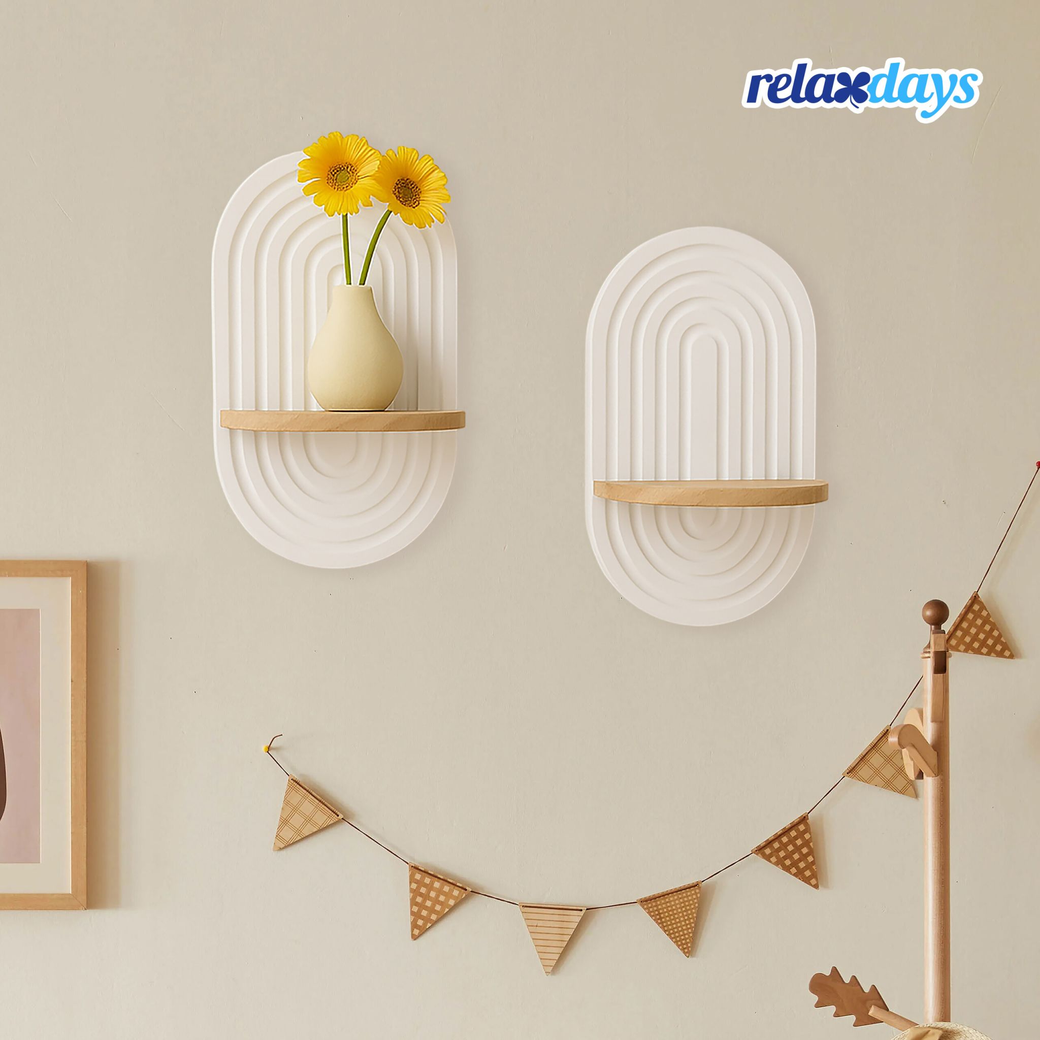 Wandregal Boho 2er-Set Weiss-Hellbraun von Relaxdays