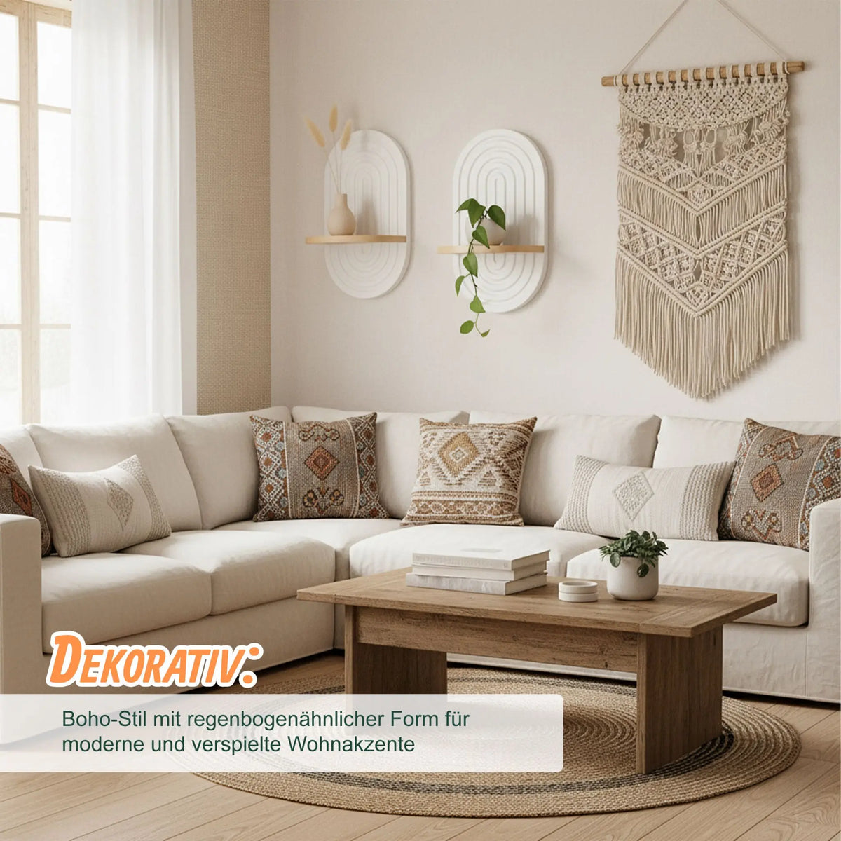 Wandregal Boho 2er-Set Weiss-Hellbraun von Relaxdays