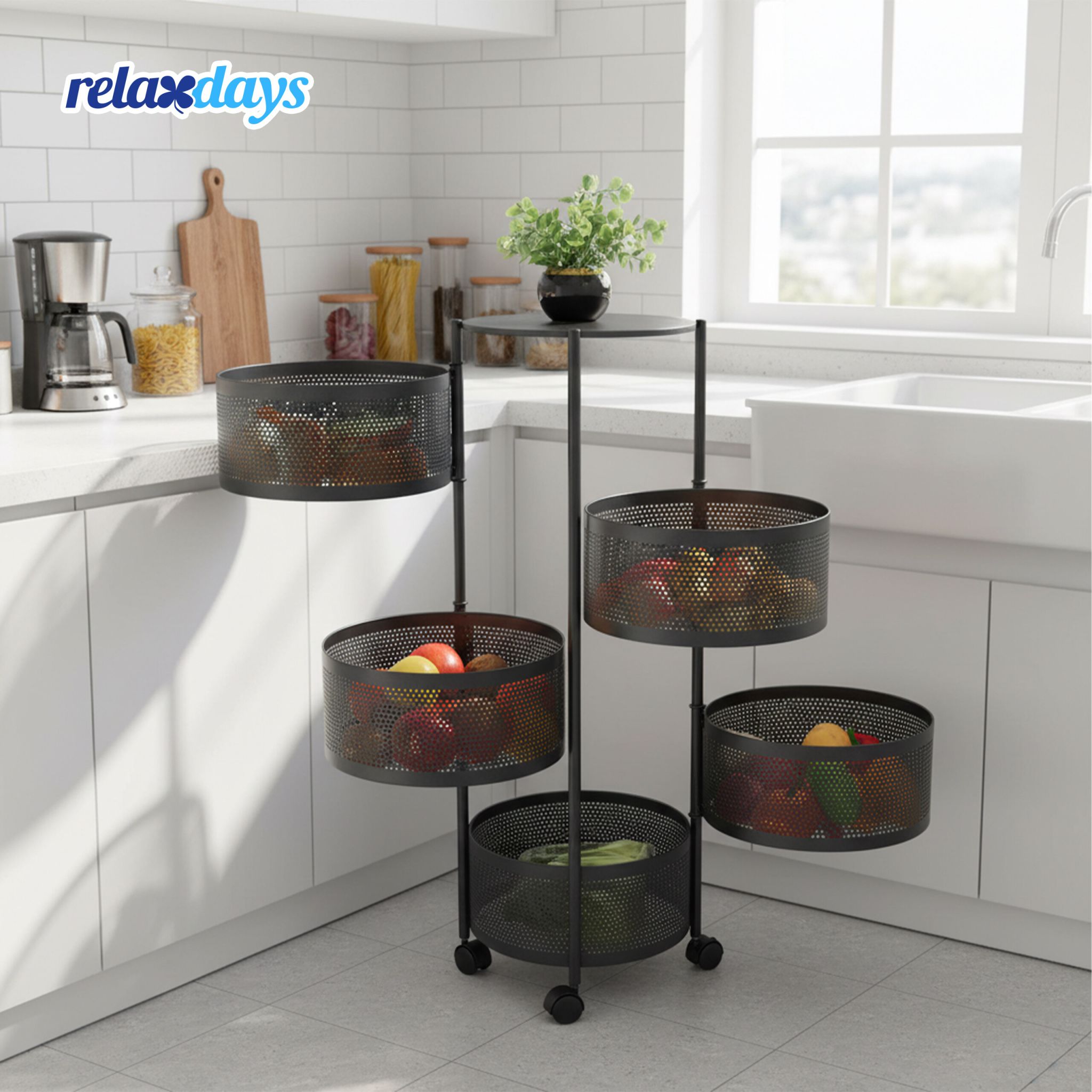 Küchenwagen mit drehbaren Fächern Schwarz von Relaxdays