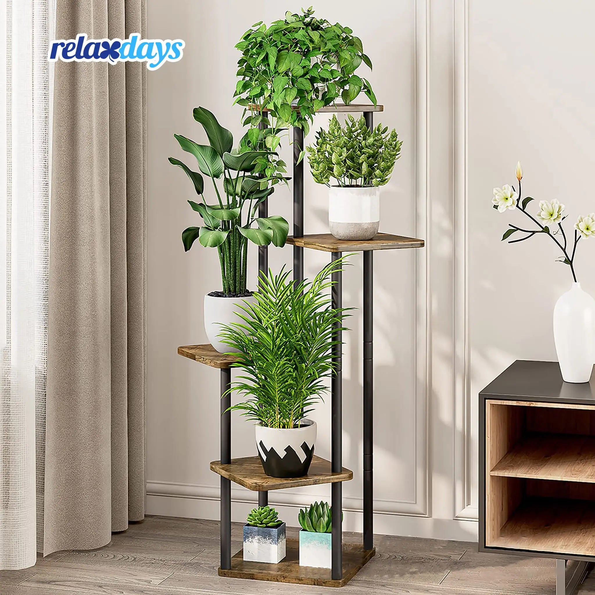 Pflanzenregal mit 5 eckigen Ablagen Dunkelbraun-Schwarz von Relaxdays