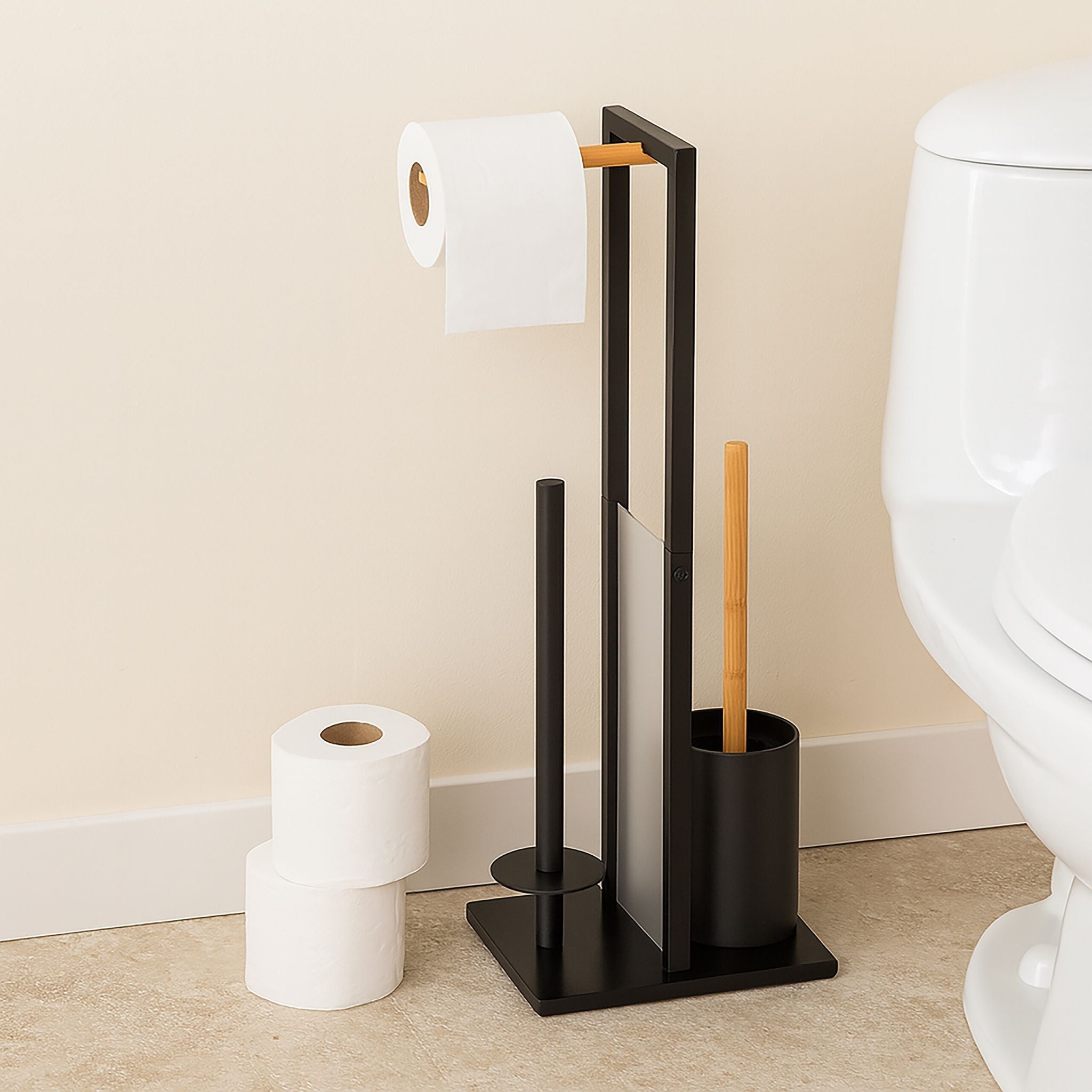 WC Garnitur Bambus & Metall Hellbraun-Schwarz von Relaxdays