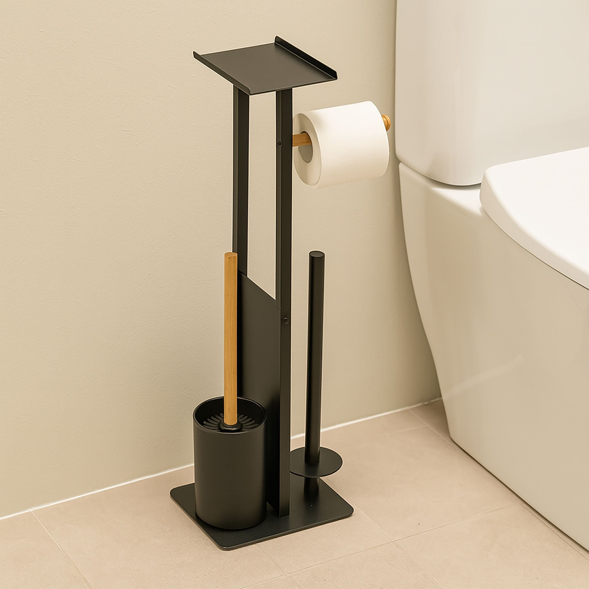 WC Garnitur Metall & Bambus Hellbraun-Schwarz von Relaxdays