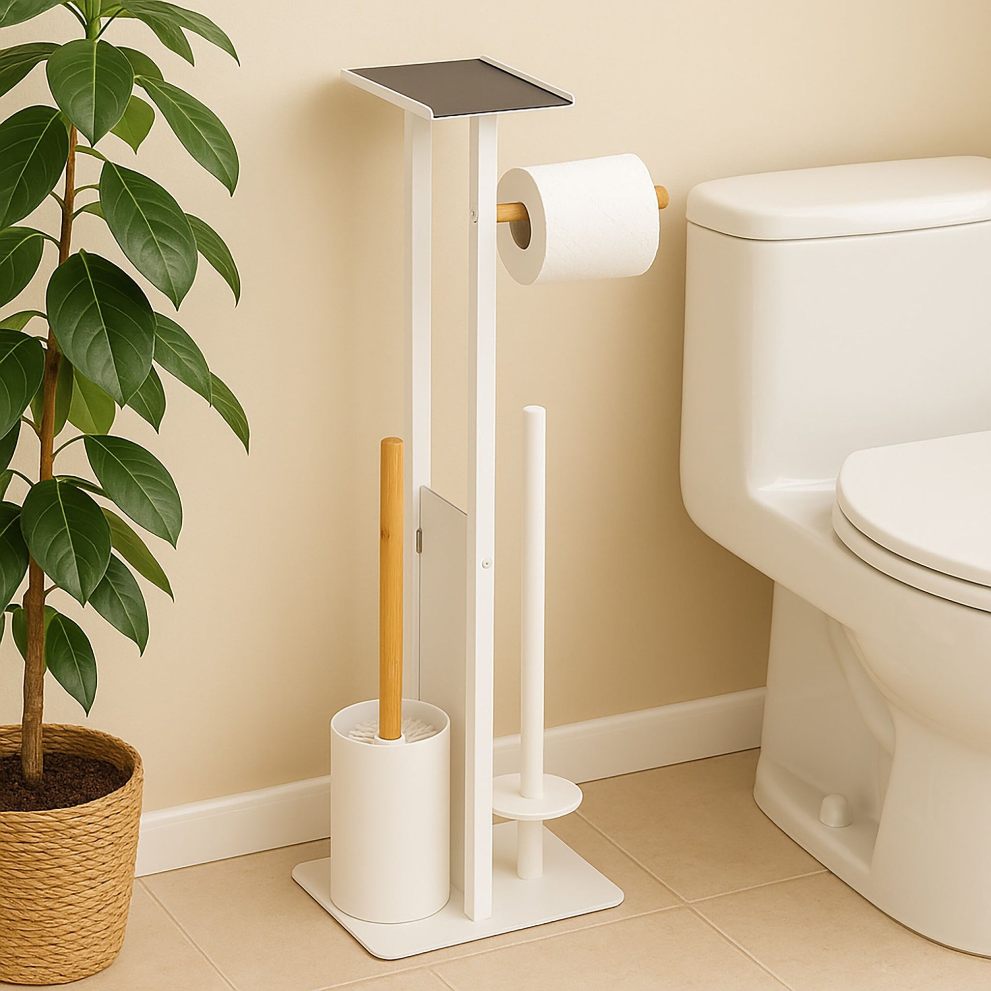WC Garnitur Metall & Bambus Weiss-Hellbraun von Relaxdays