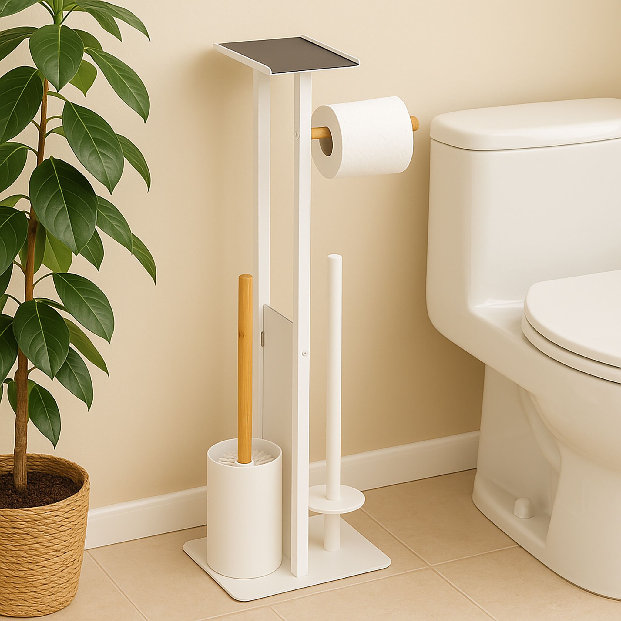 WC Garnitur Metall & Bambus Weiss-Hellbraun von Relaxdays