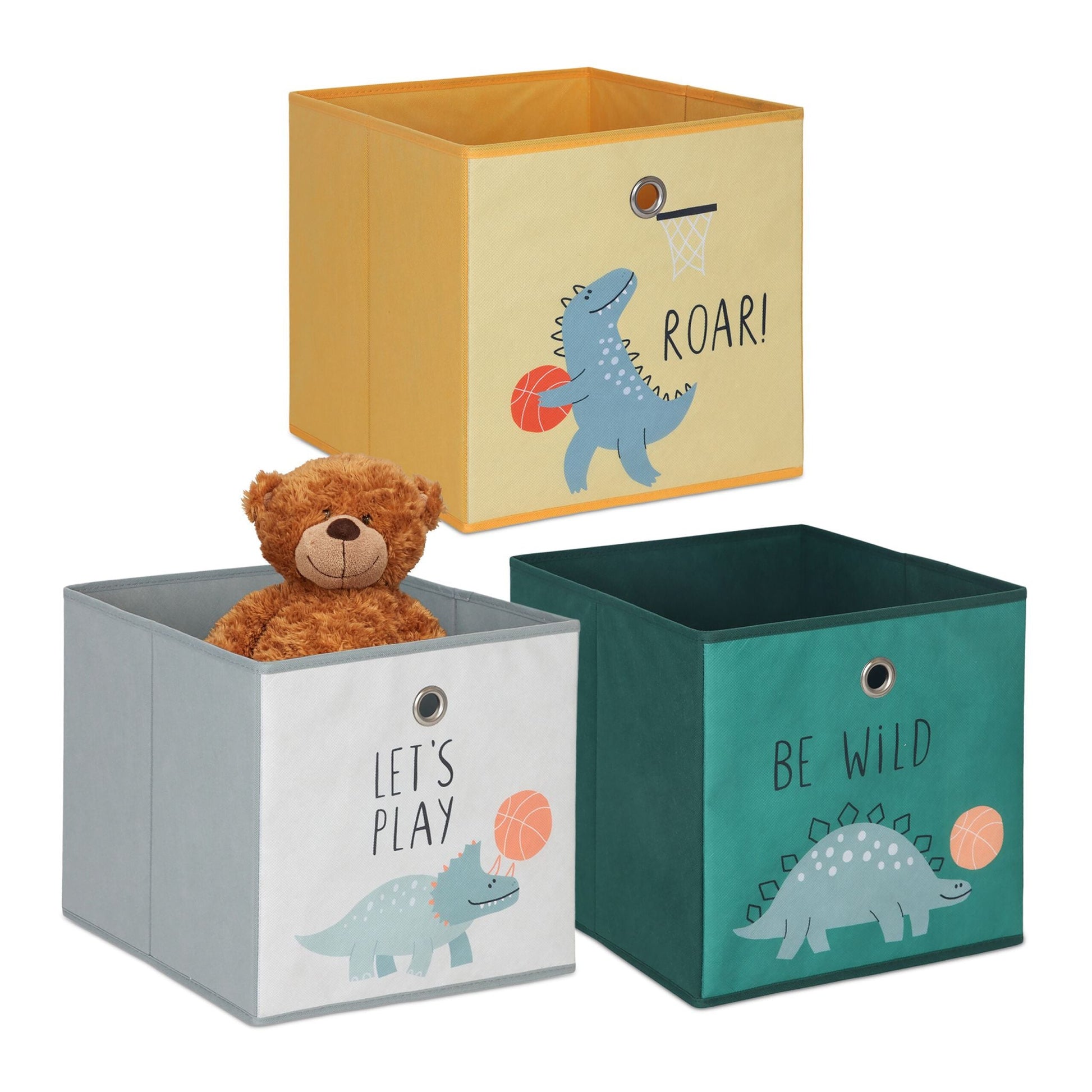Kinder Aufbewahrungsboxen 3er-Set Gelb-Grün-Grau von Relaxdays