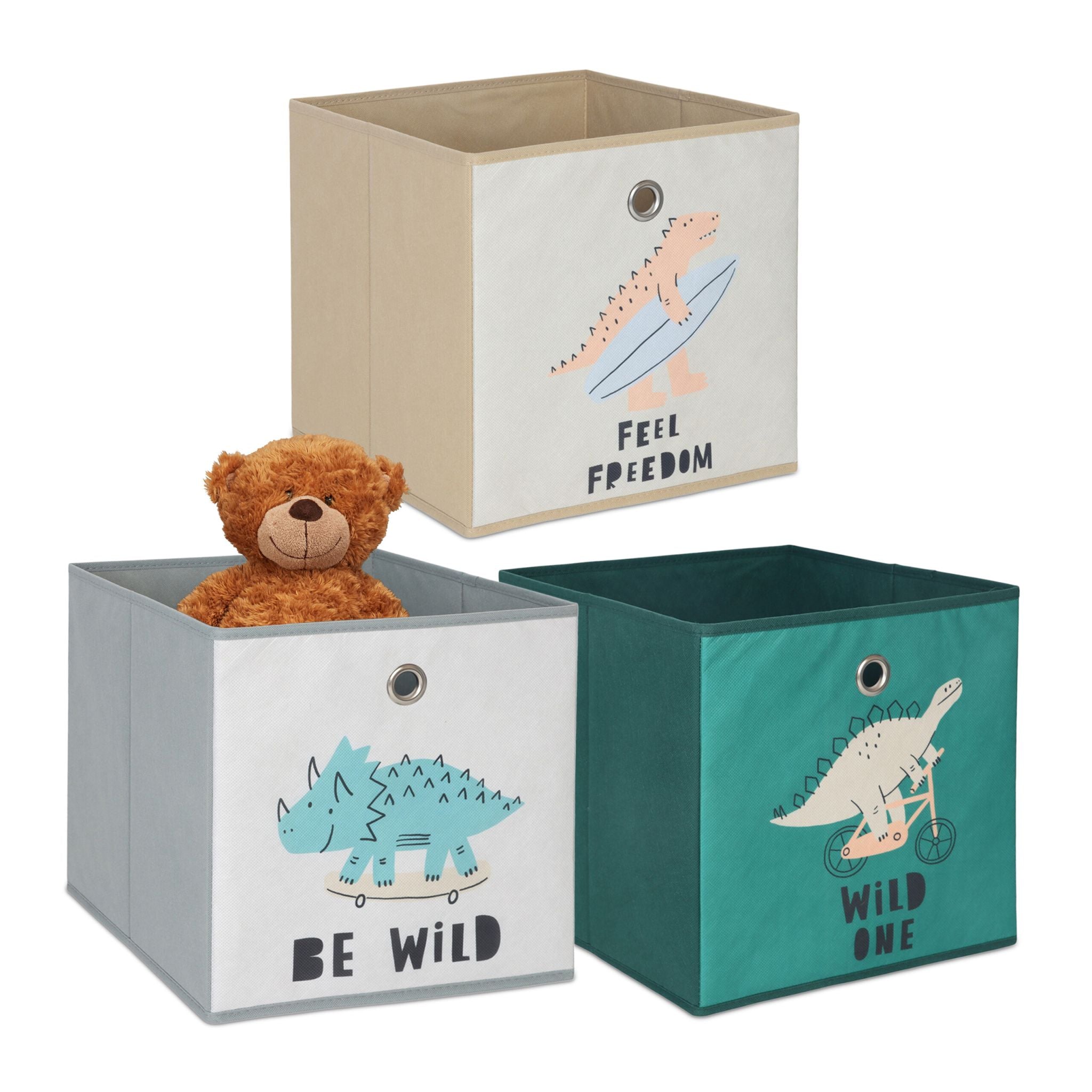 Kinder Aufbewahrungsboxen 3er-Set Beige-Grün-Grau von Relaxdays