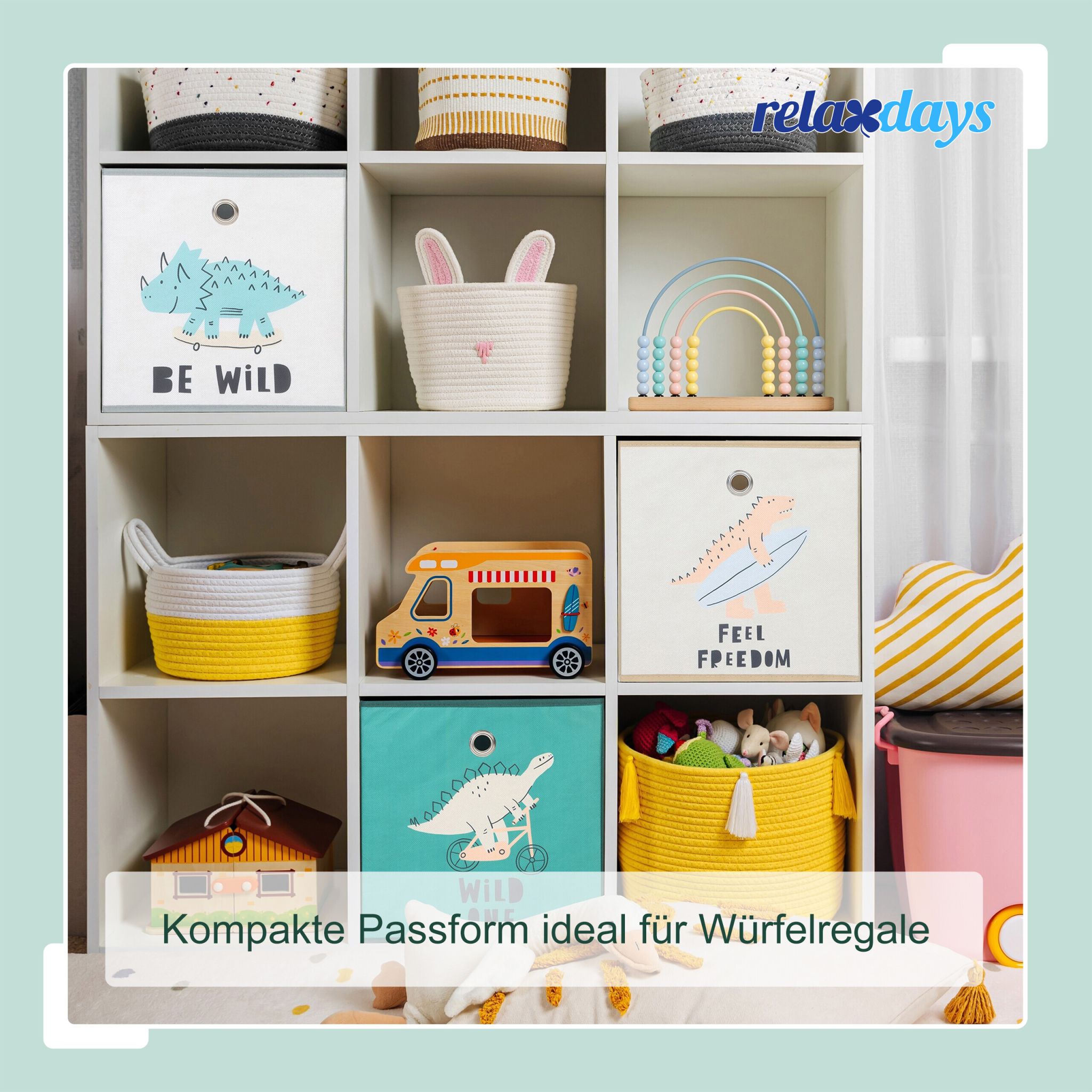 Kinder Aufbewahrungsboxen 3er-Set Beige-Grün-Grau von Relaxdays