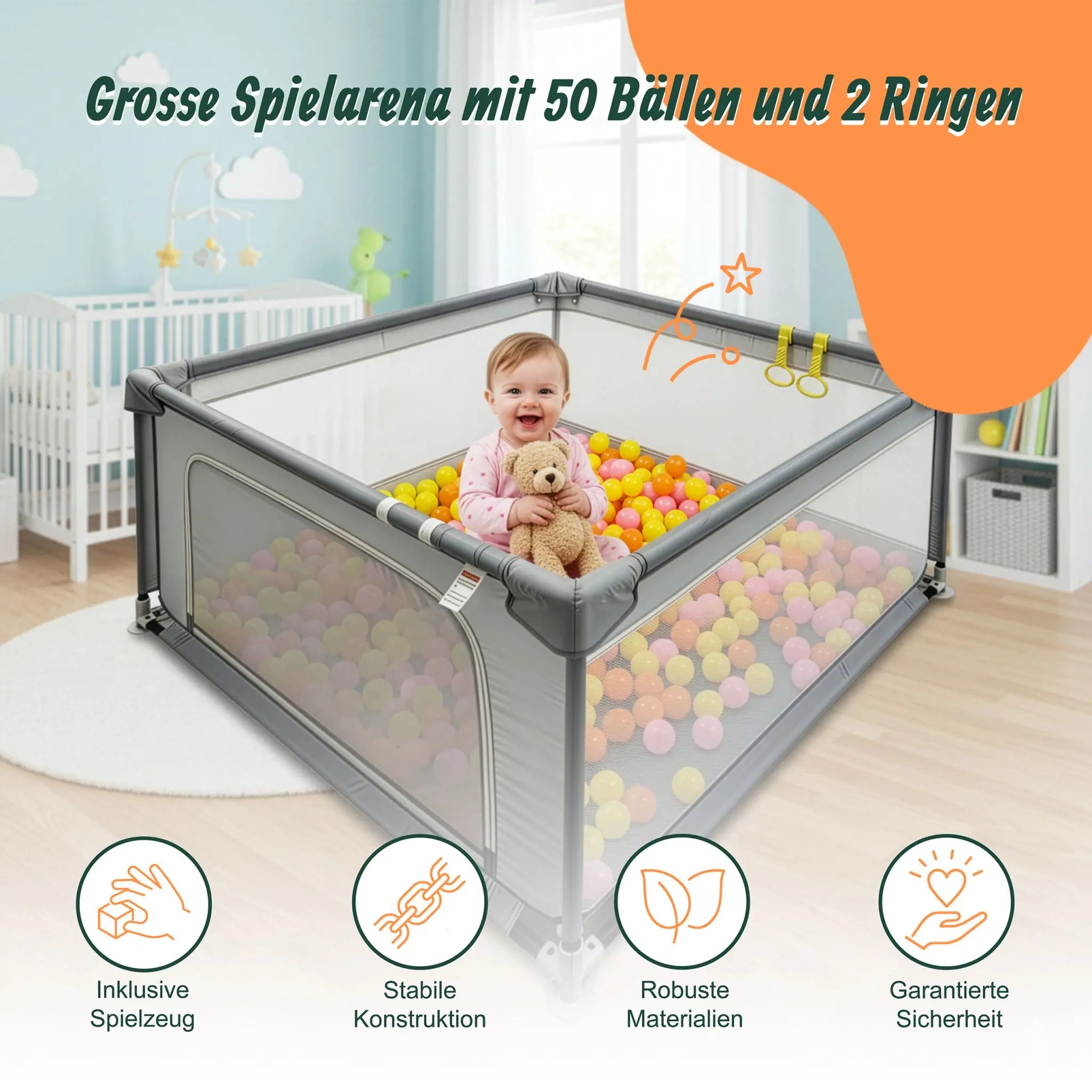 Laufstall Baby mit 50 Bällen Grau von Relaxdays